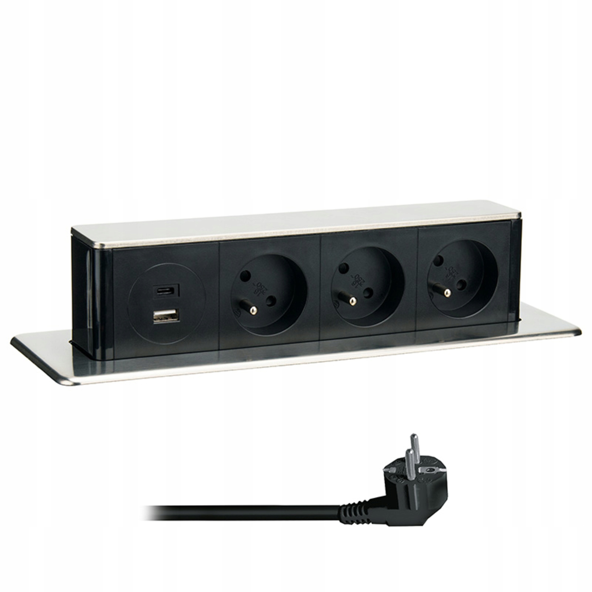Výsuvný blok zásuviek Solight 3x230V Usb A C Pd 20W, nerez, 2m, detská po