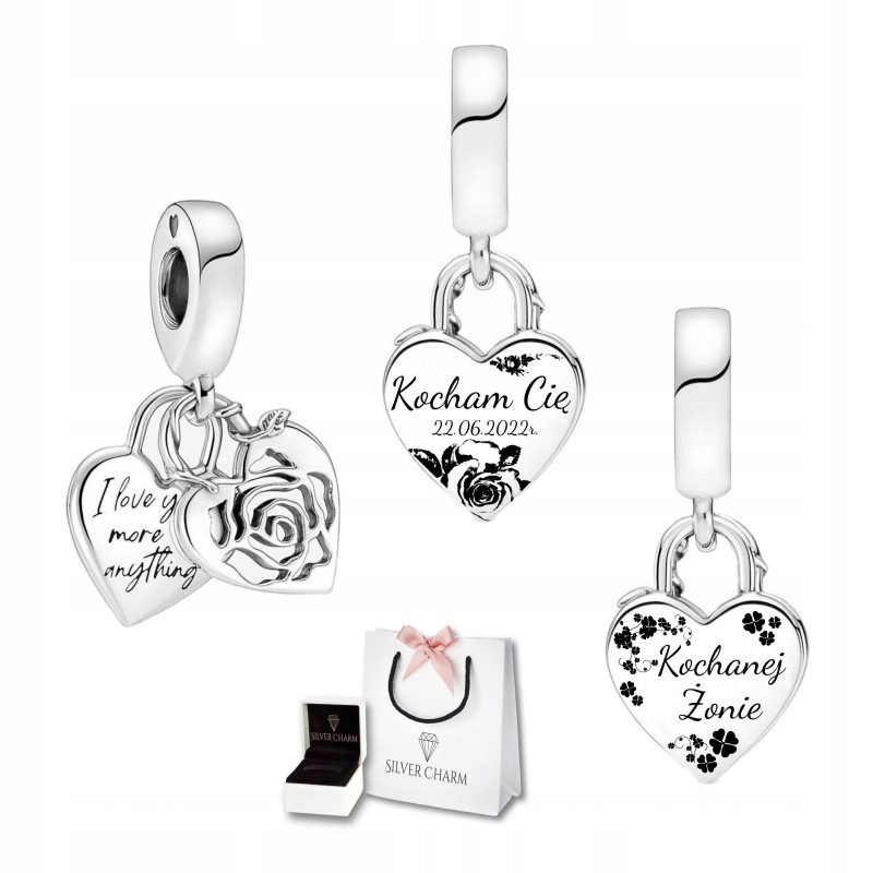Charms zawieszka róża i serce + Twój grawer srebro