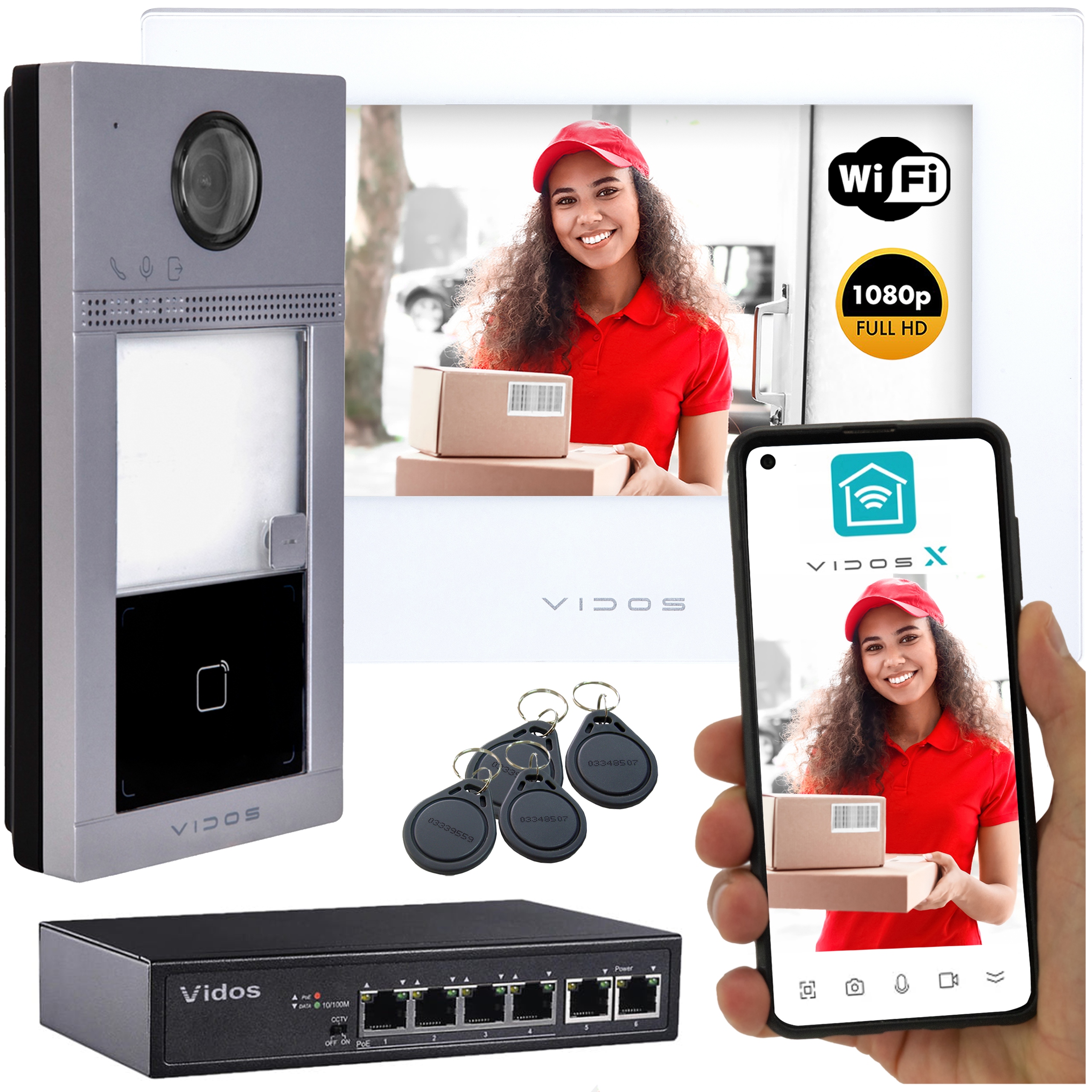 Kompletny Zestaw Wideodomofon Ip Vidos S2401N Monitor Switch WiFi PoE Apka