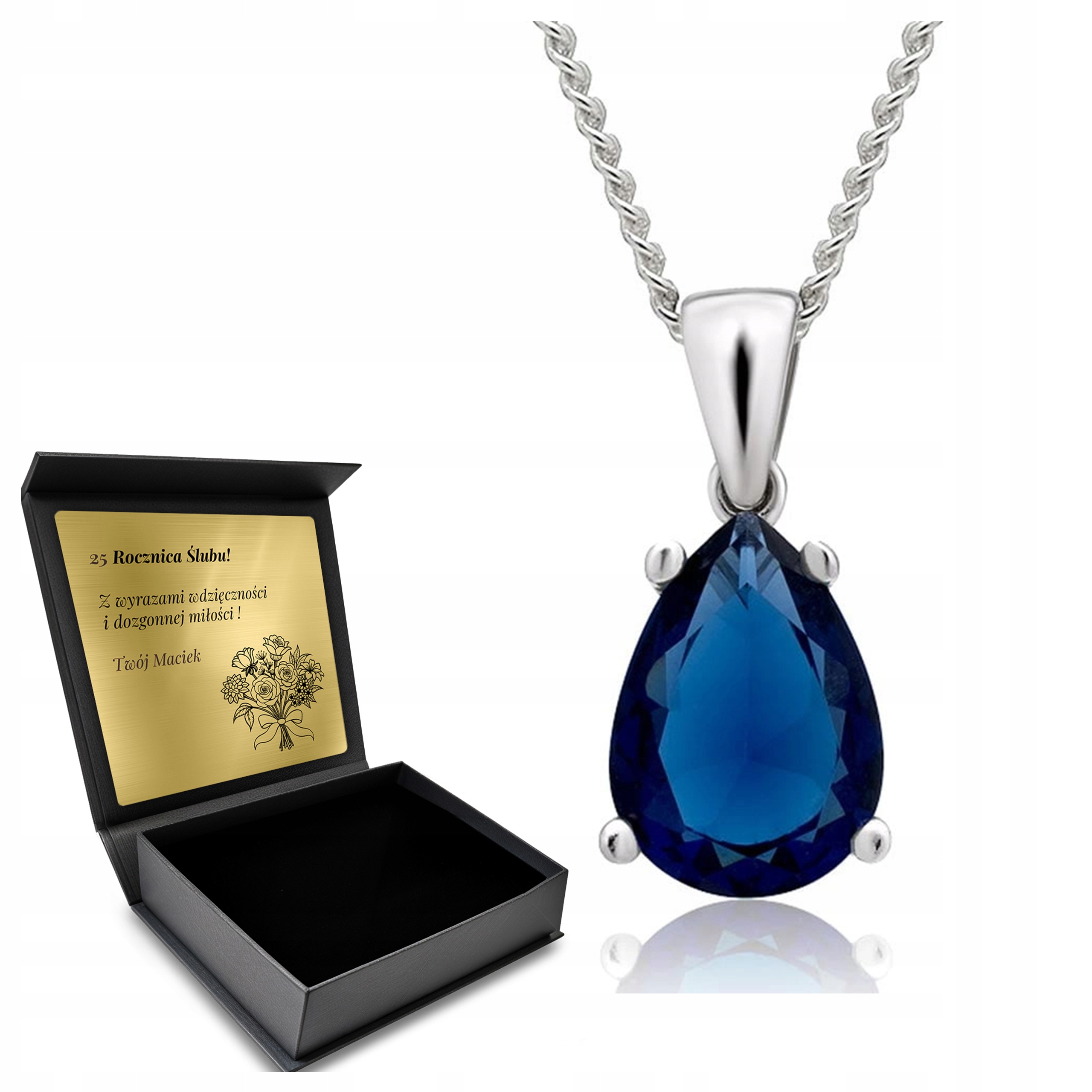 Náhrdelník Srerbny 925 Safír Krásný Dárek pro ženu Gravírování Bonus