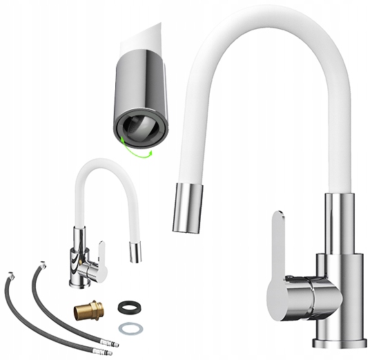 Bílá kuchyňská baterie s flexibilním výtokem Grado Plus, otočný perlátor