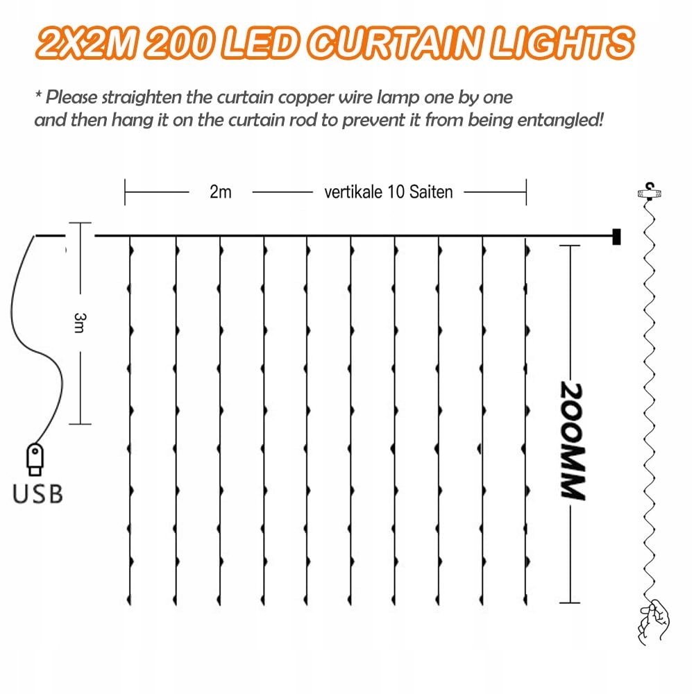 KIMUWOTE Kurtyna Świetlna 2x2m 200 LED Wodoodporna USB Ciepła Biała — miniatura 2