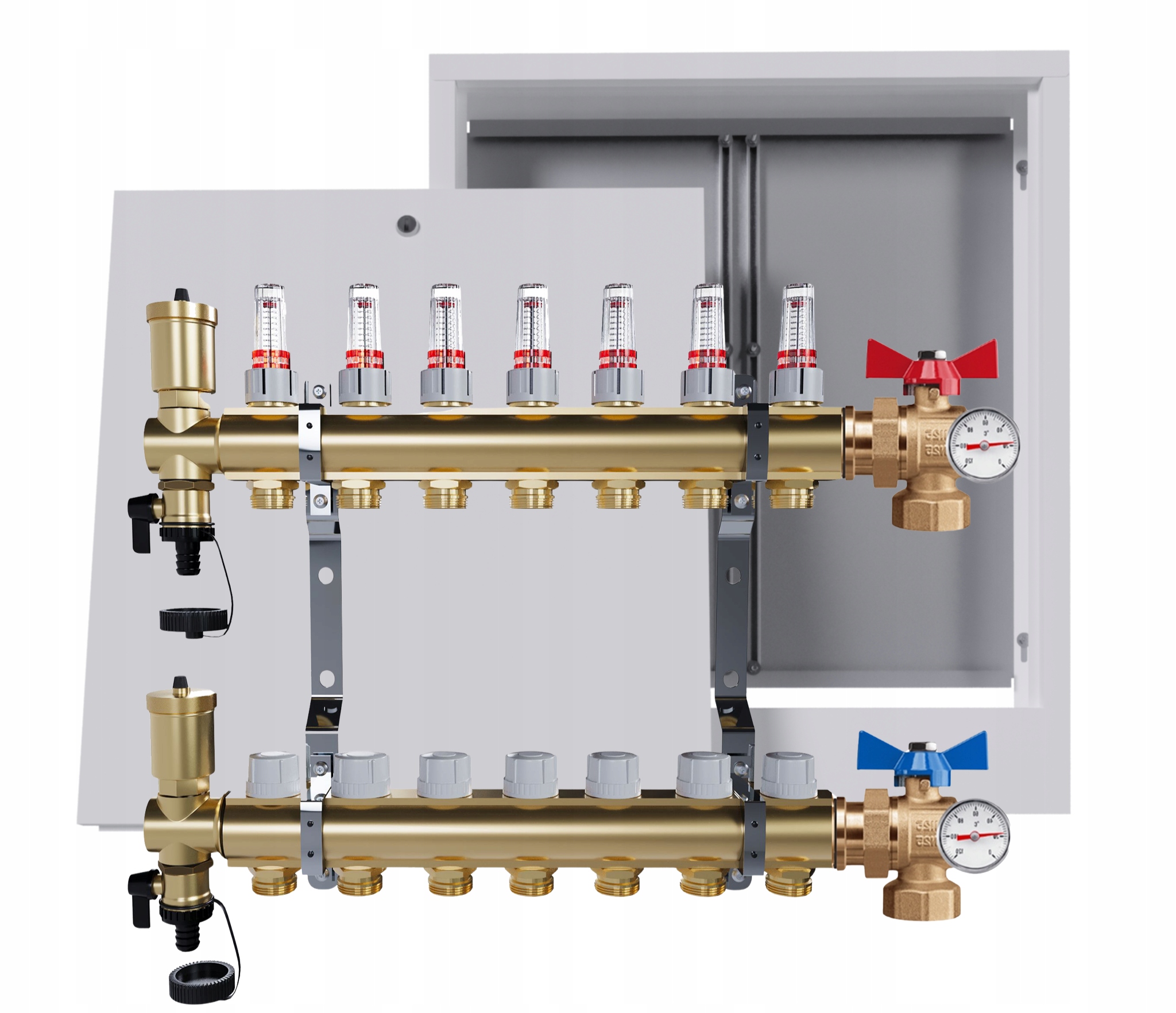 Rozdělovač Pro Podlahu 7 Okruhů Ventil Teploměr Nástěnná Skříňka