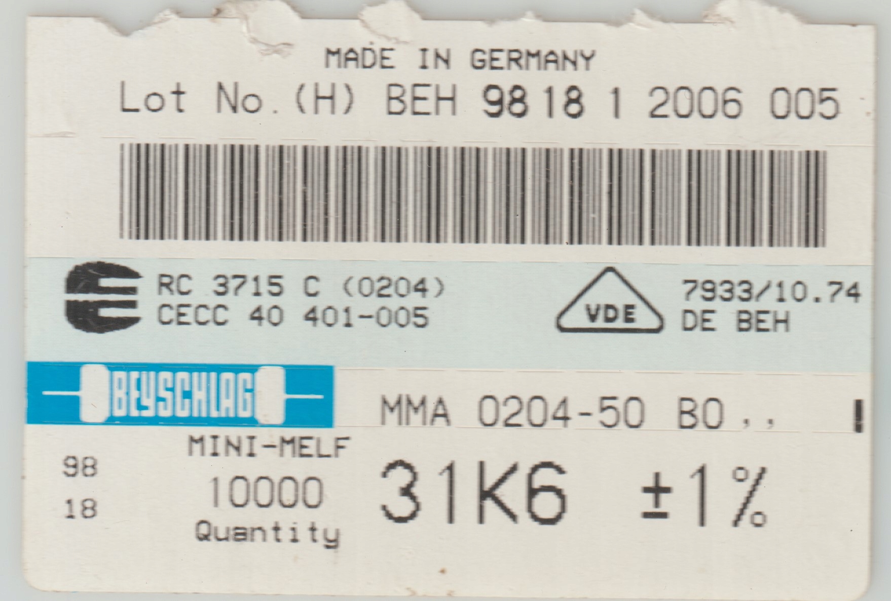 [100szt] 31K6 1% 50ppm rezystor Smd minimelf MMA0204 Beyschlag low noise