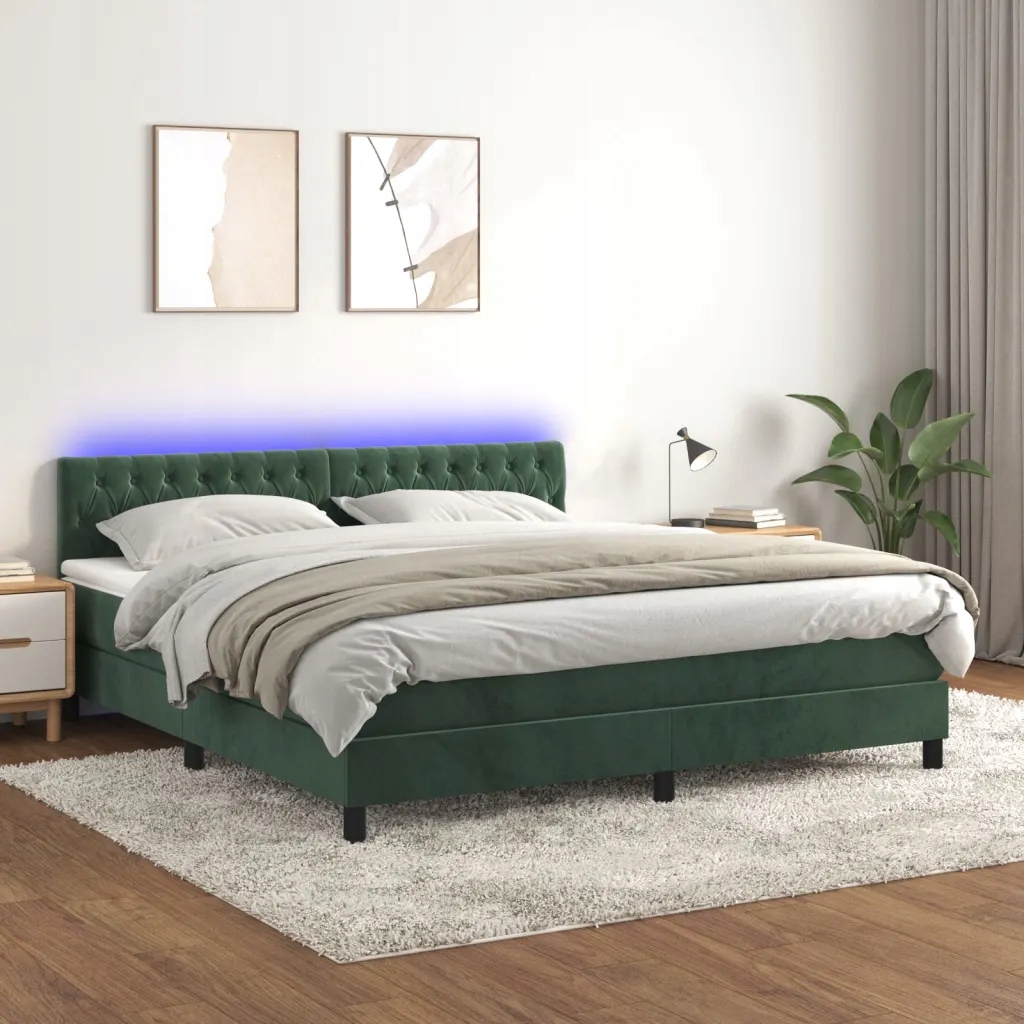 Box spring postel s matrací a Led tmavě zelená 160x200 cm samet Zelená 3134