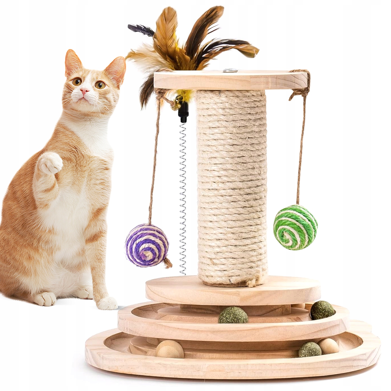 Levně Škrabadlo Pro Kočky Hračka Dřevěný Stromek S Kuličkami A Peříčkem 8 Míčků