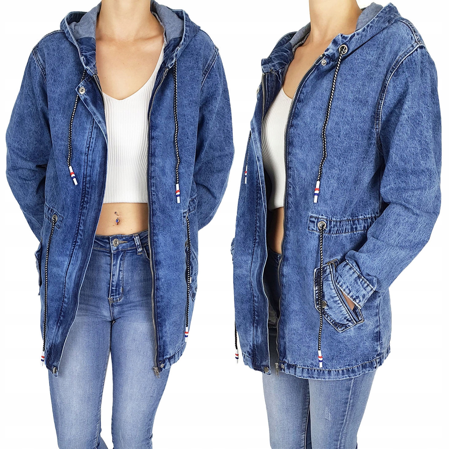 

#katana Jeansowa Kurtka Damska Długa Parka Kaptur#