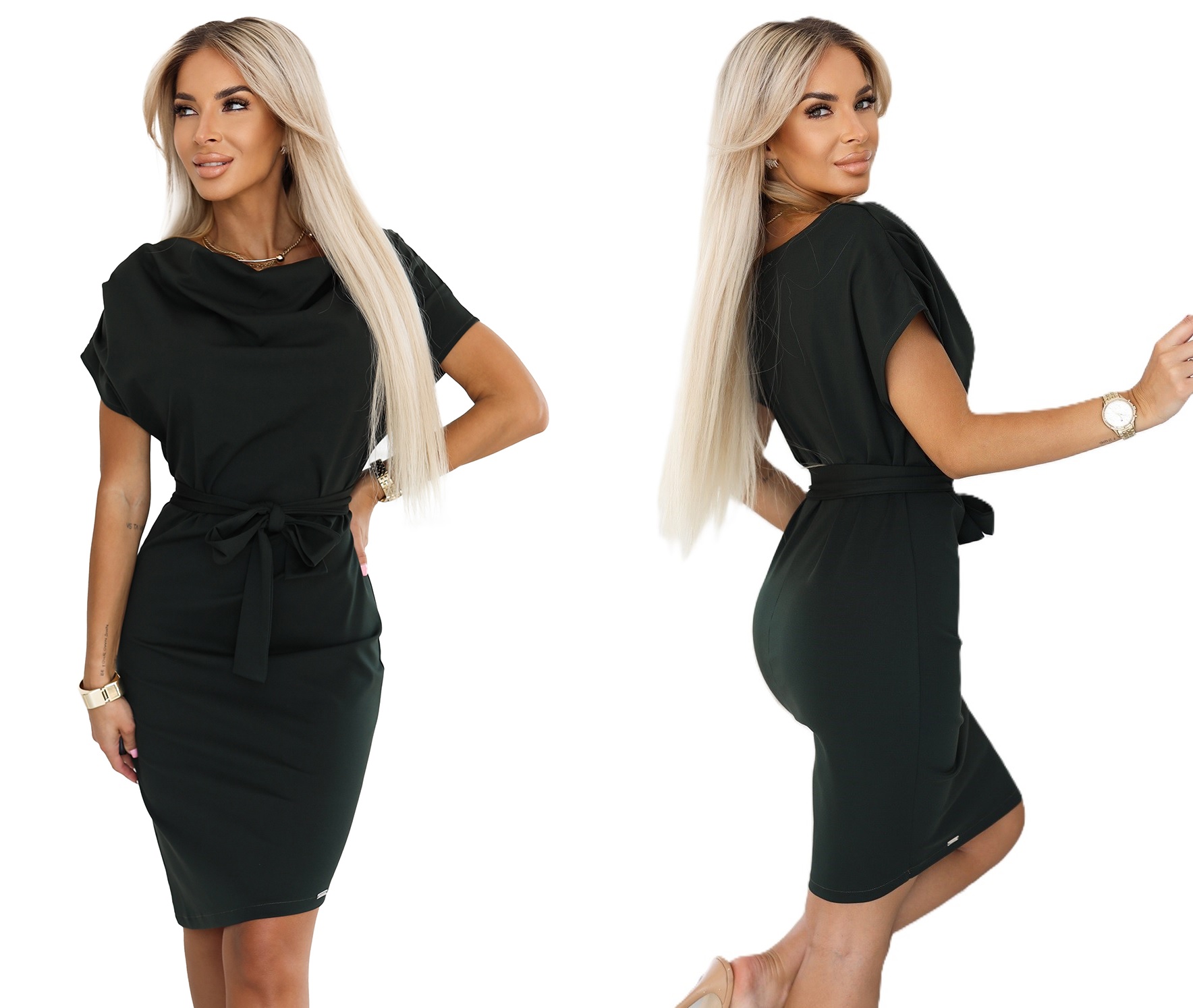 Elegantní Asymetrická Šaty Se Zavazováním V Pase, Široký Výstřih, Khaki, Velikost XL