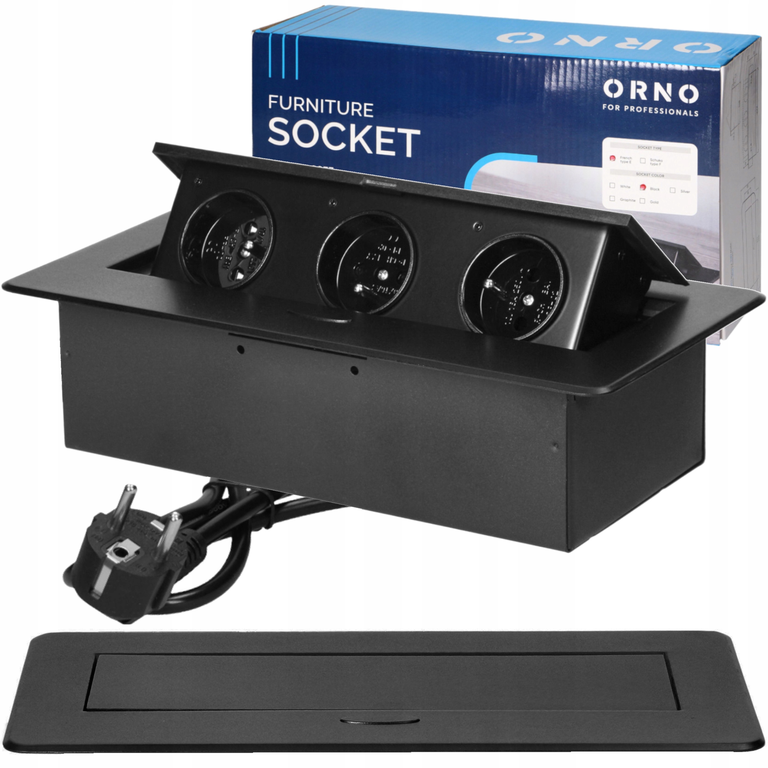 Gniazdo Wpuszczane Chowane w Blat Nablatowe Potrójne Kabel 1,5m Czarne