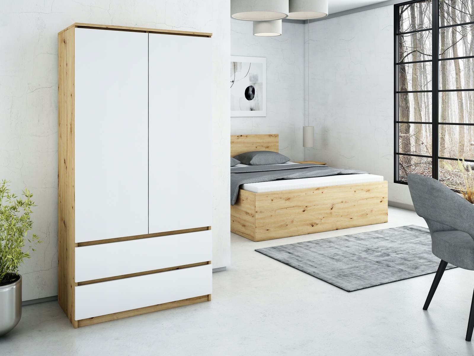 SZAFA DWUDRZWIOWA Z SZUFLADAMI 90 CM DO GARDEROBY, SYPIALNI BIAŁA Wysokość mebla 180 cm