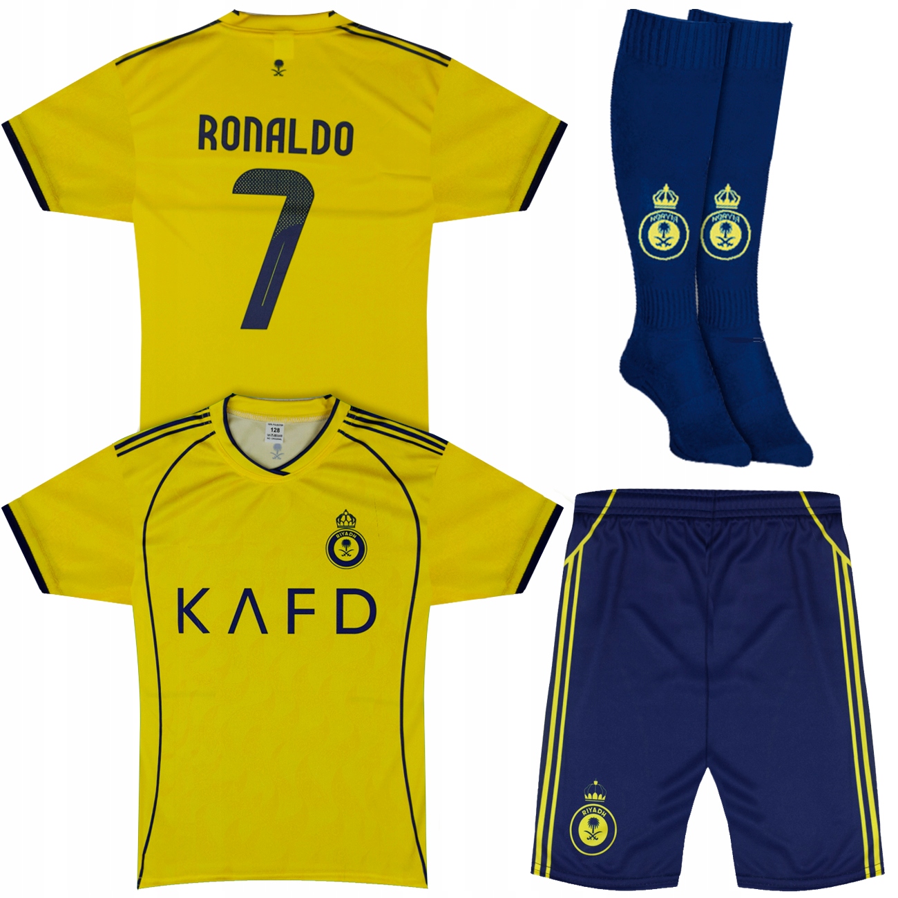 Strój piłkarski Ronaldo 7 3w1 koszulka spodenki skarpety komplet 128 cm