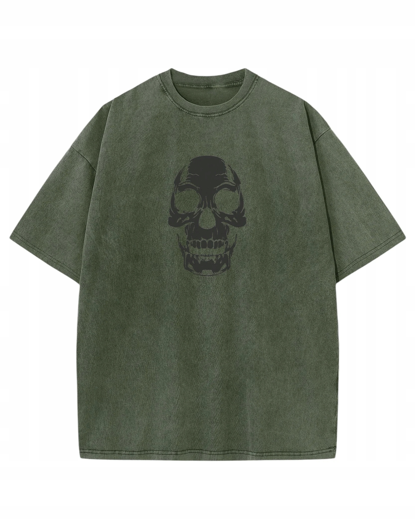 Tričko s oversize efektem praní Silikonový potisk Lebka Khaki M
