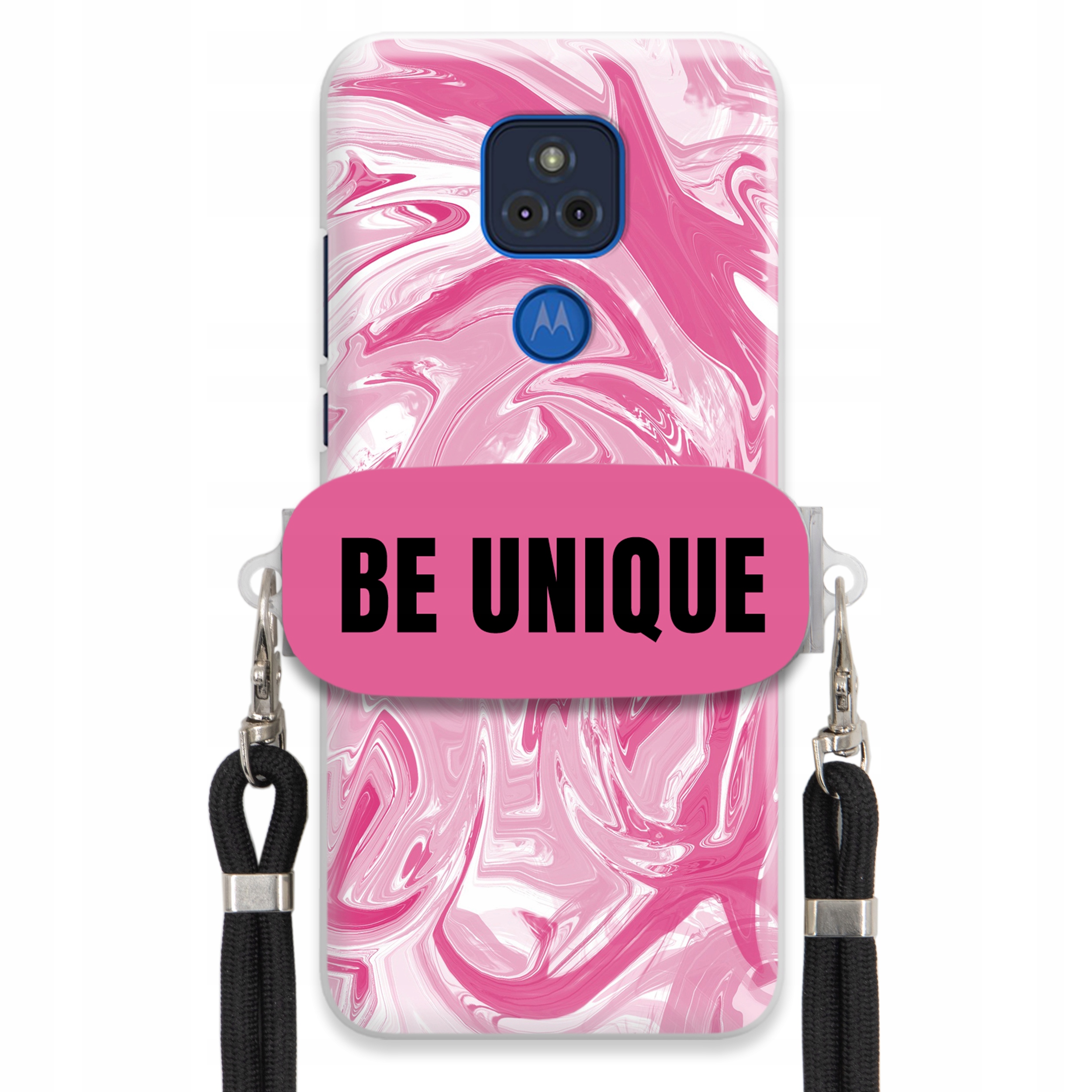 Puzdro pre Motorola G Play 2021 Case držiak na šnúrku Čierna ružová Mramor Unique