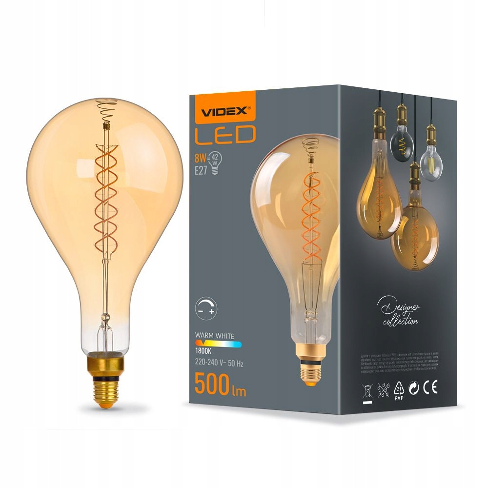 Żarówka Led E27 Filament 8W ściemnialna Videx 500lm 32cm Duża ciepła biel