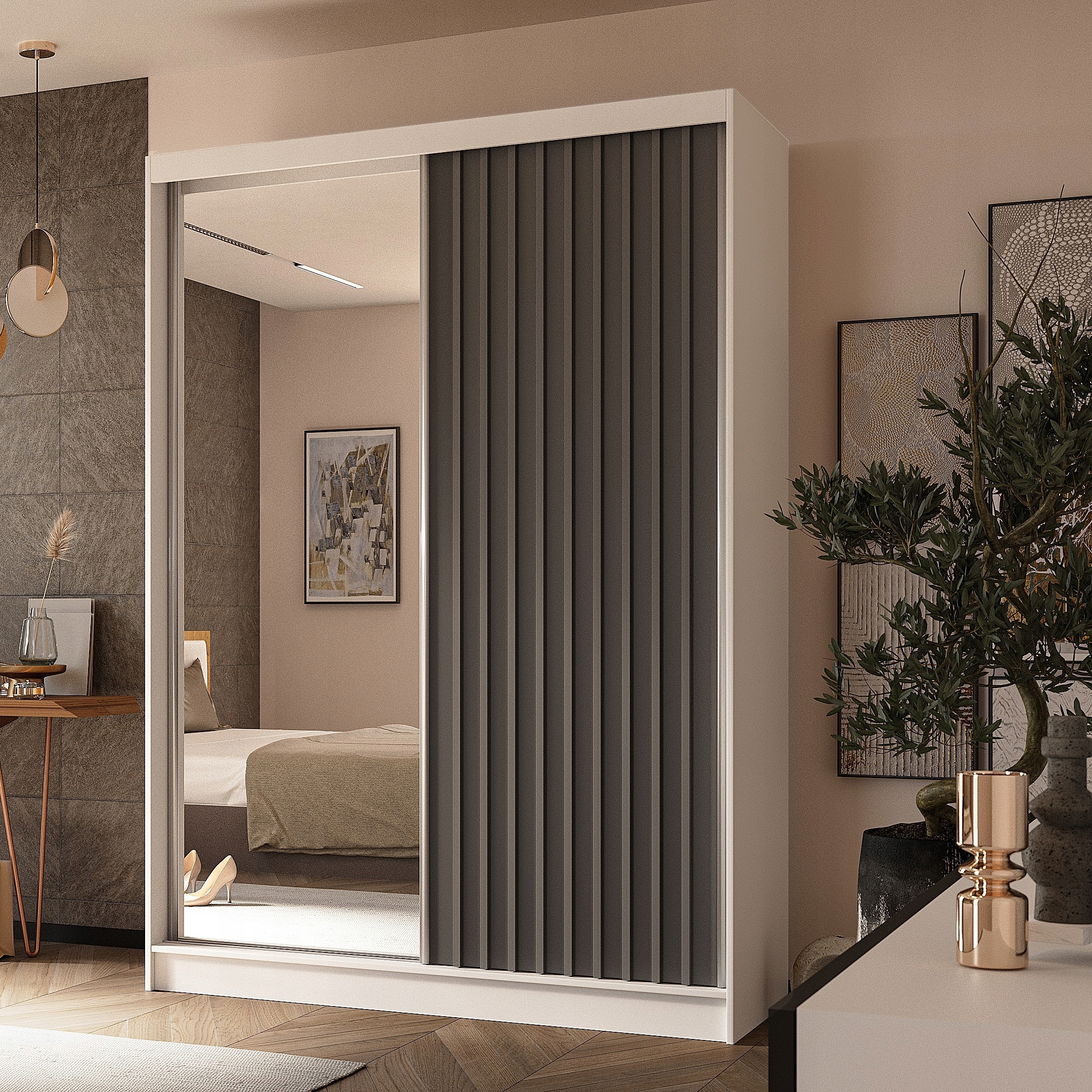 Skříň dvoudveřová Lamello 150 cm Skříň se zrcadlem Posuvná bílá