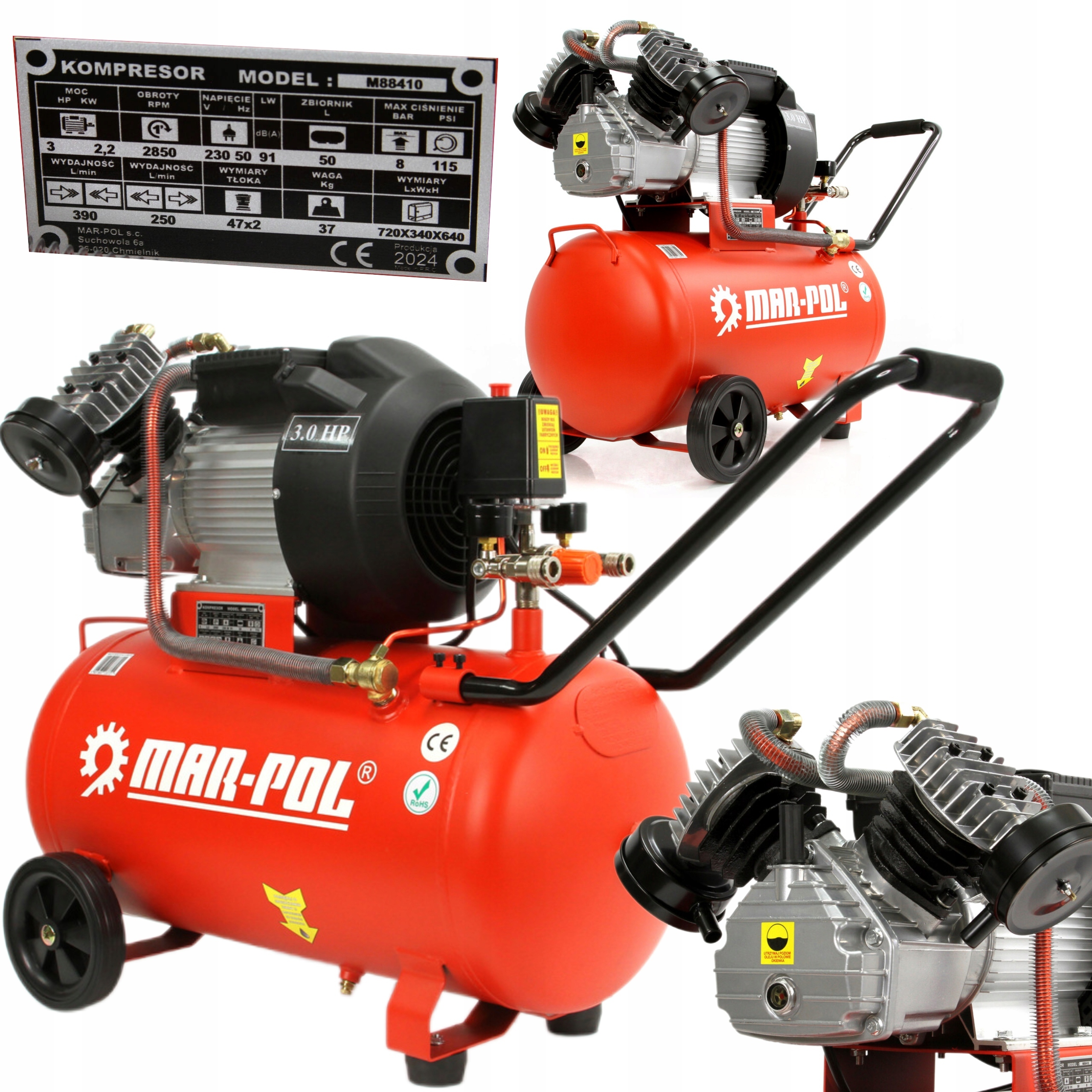 Kompresor 8BAR Olejový Kompresor Vzduchu 50 L 2 Pístový Dvoupístový Mar-pol