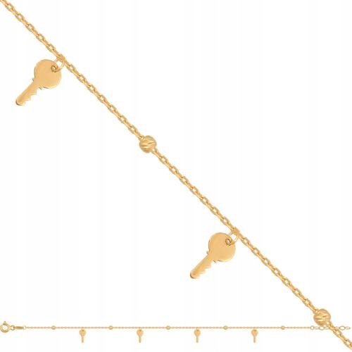 Jemný zlatý náramek 585 s provlečenými kuličkami a klíčky