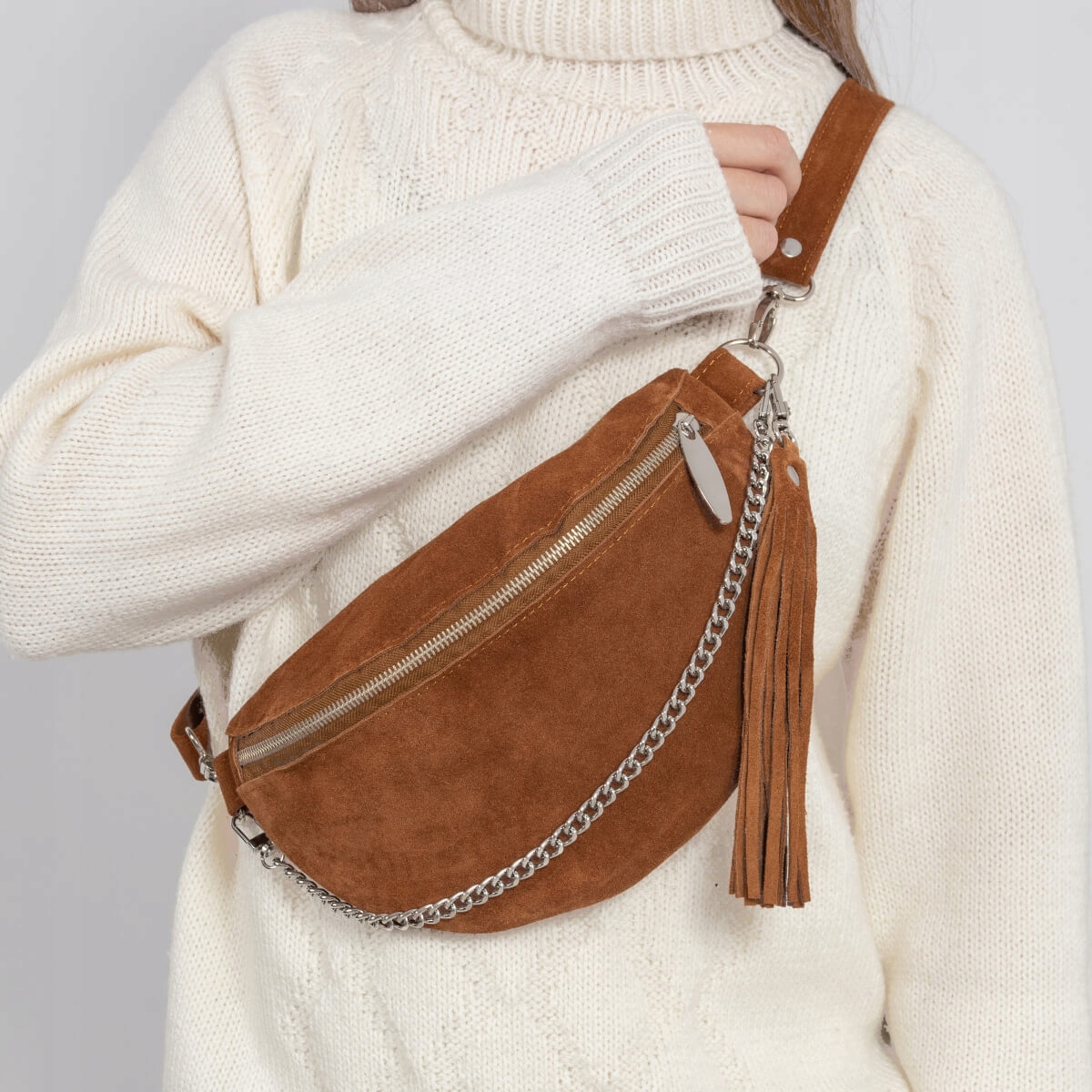 Kabelka CorssBody Semišová kožená s třásněmi, hnědá, Belveder