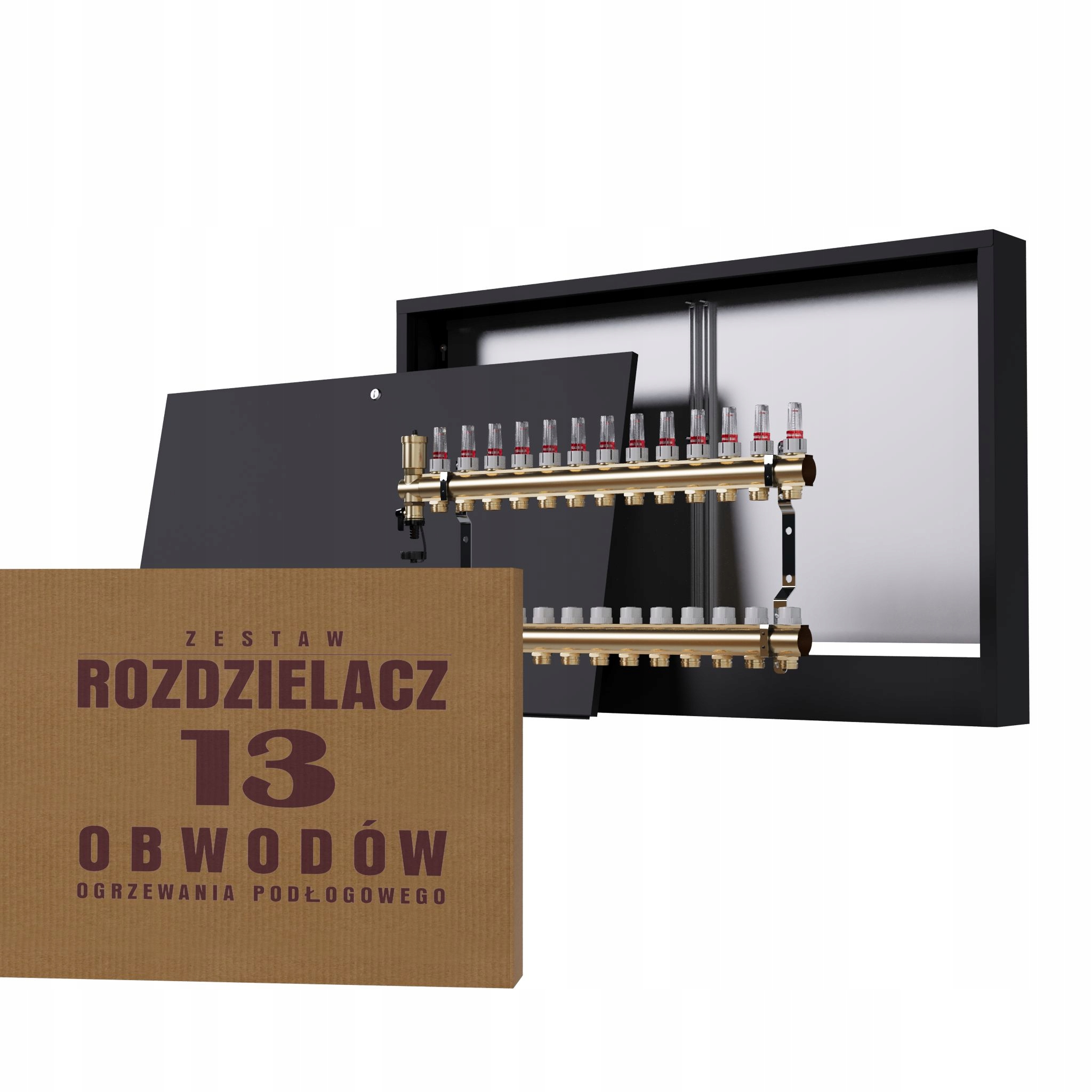 Rozdělovač pro mosaznou podlahu 13-okruhový a nástěnný box černý