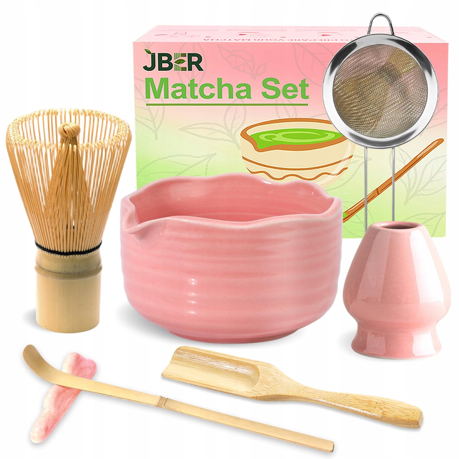 Jber Sada Matcha růžová 7-dílná s miskou, lžící a sítkem a držadly