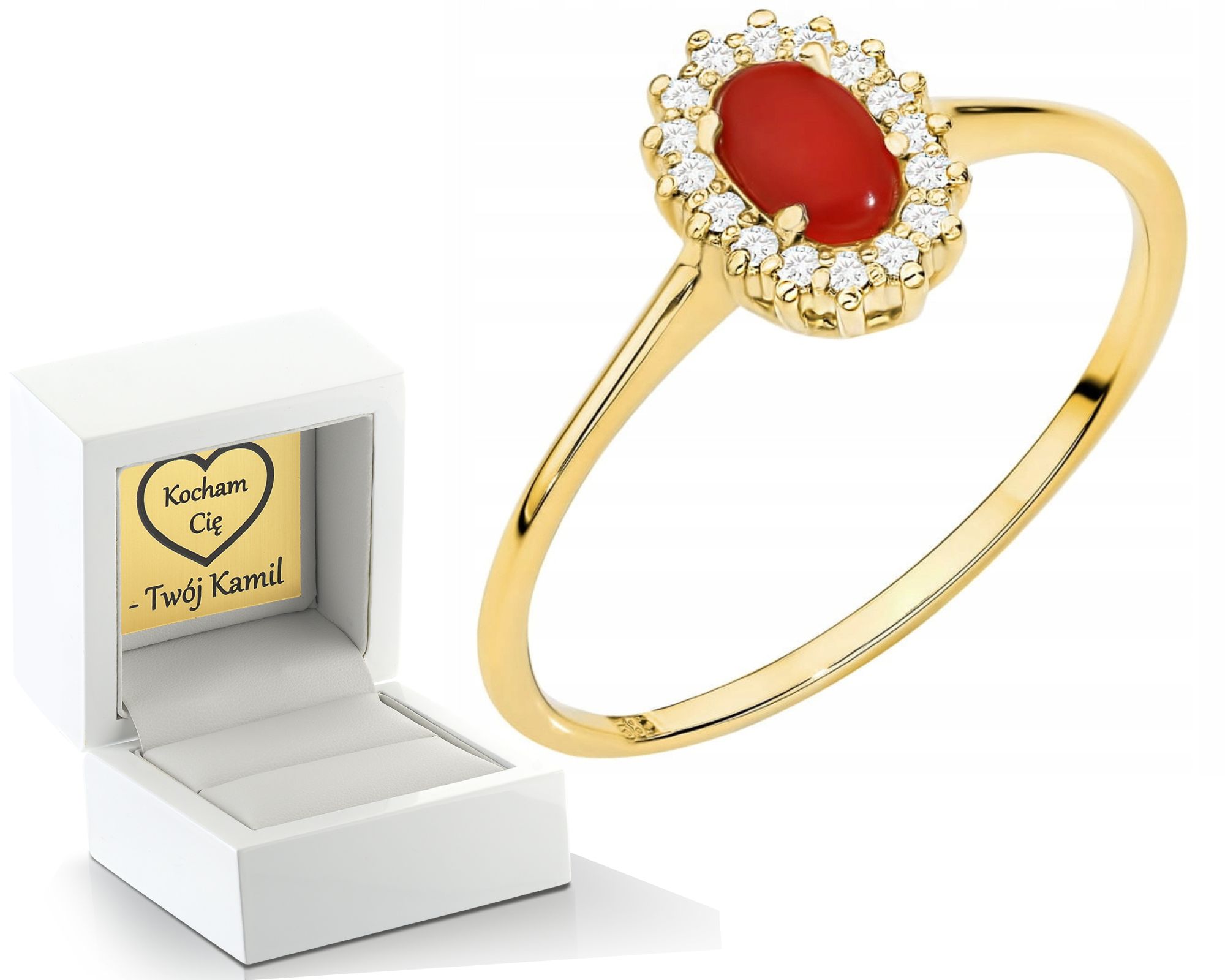 Zlatý Prstýnek S Červeným Korálem A Diamanty 585 Jako Dárek