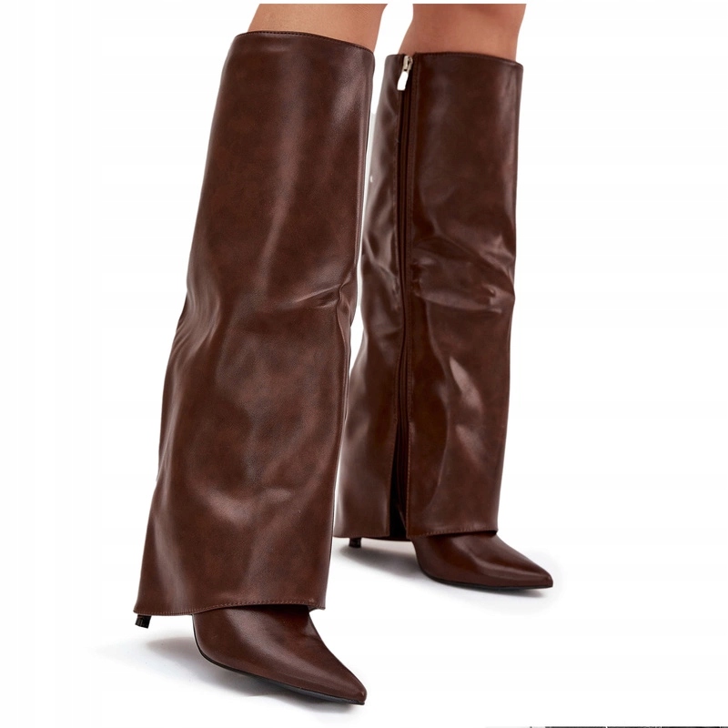 Kozačky Ohrnutý Svršek Eko Kůže Podpatek Špendlík Na Čokoládový Zip 37