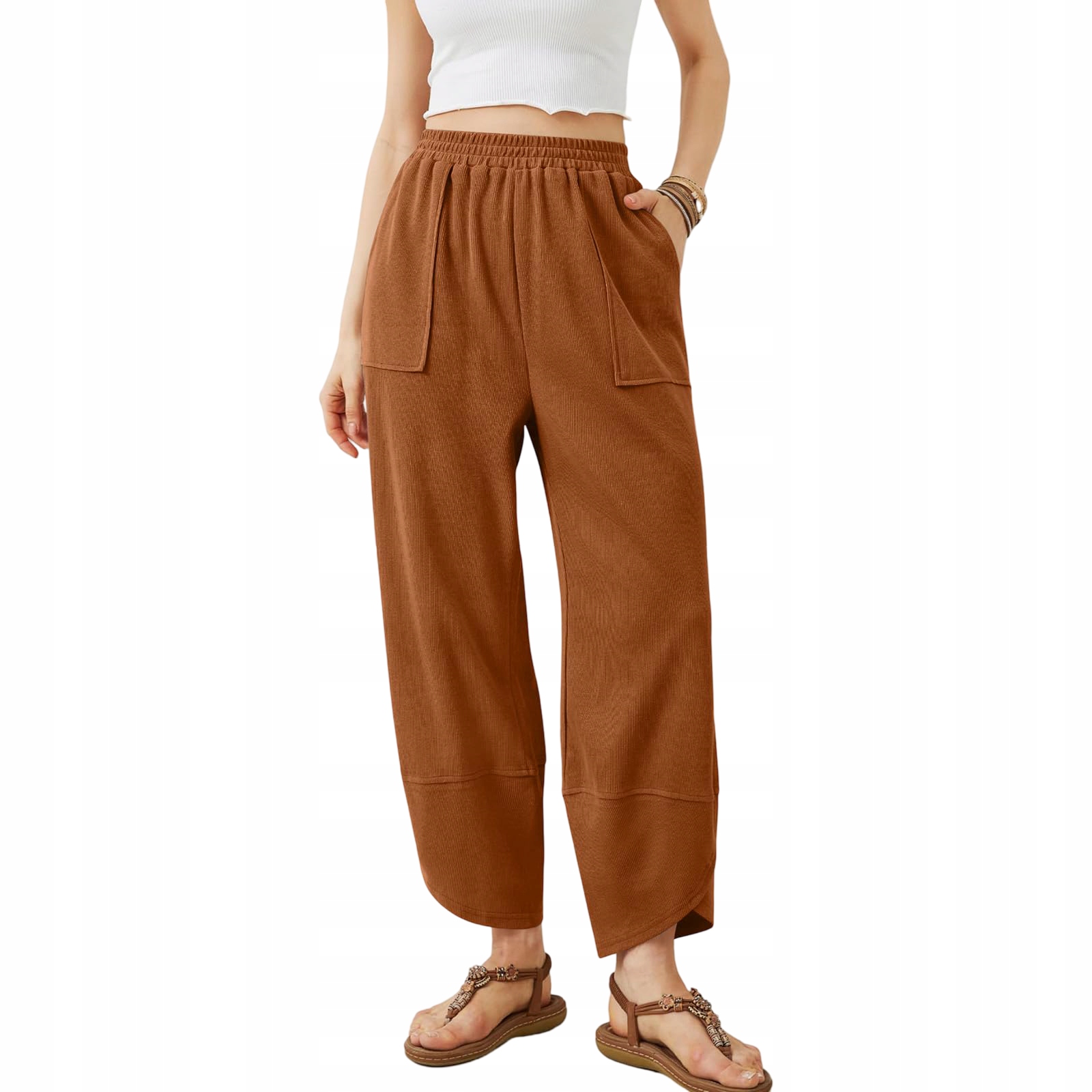 Dámské kalhoty Palazzo Dresové Široké Nohavice Vysoký pas Hnědé M