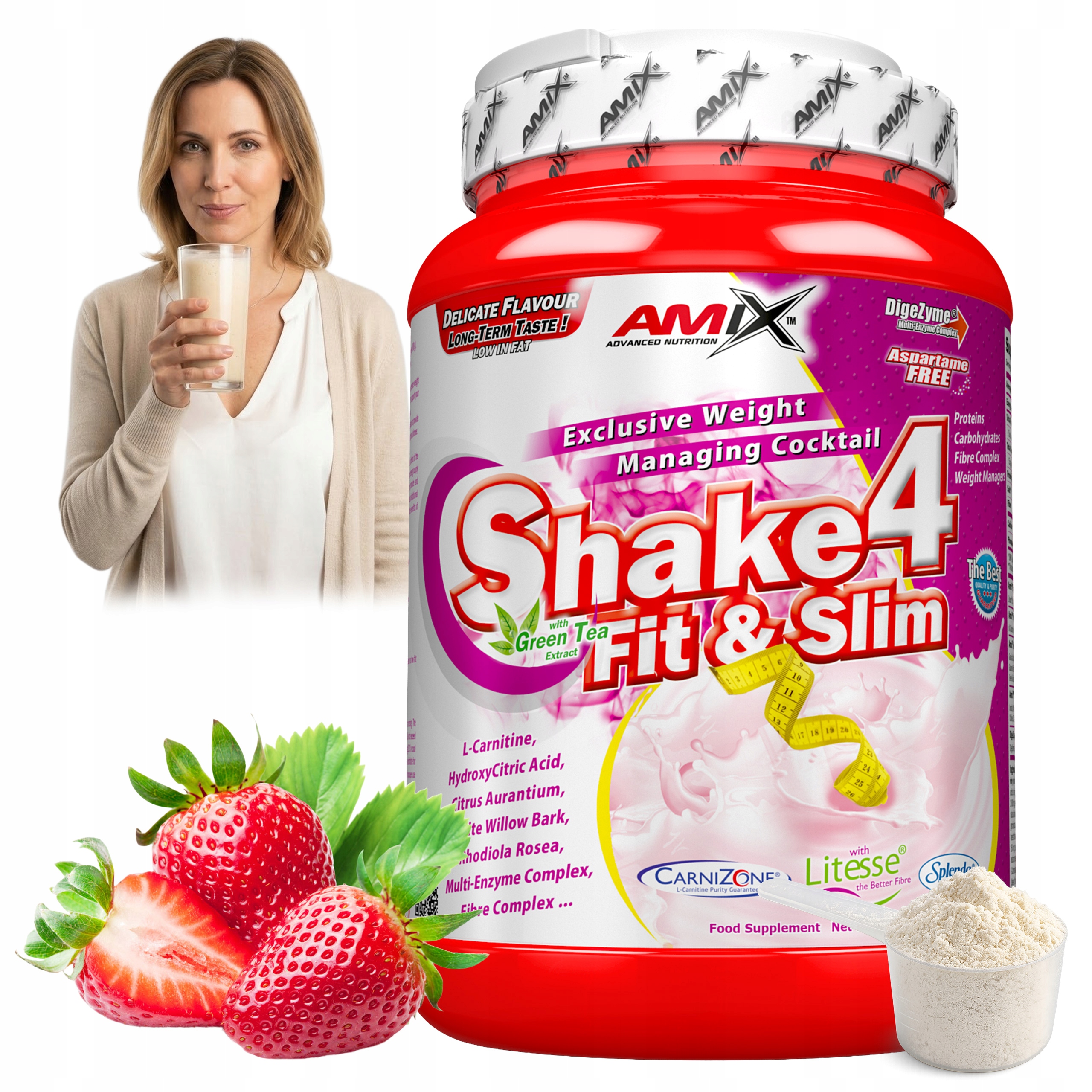 Koktejl, jahodový koktejl na hubnutí 1KG Shake 4 Fit&Slim Amix