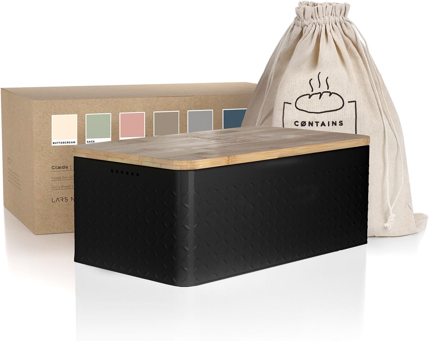 Lars Nysøm Chlebník s prkénkem a lněným vakem, Carbon Black, 34 x 18 cm