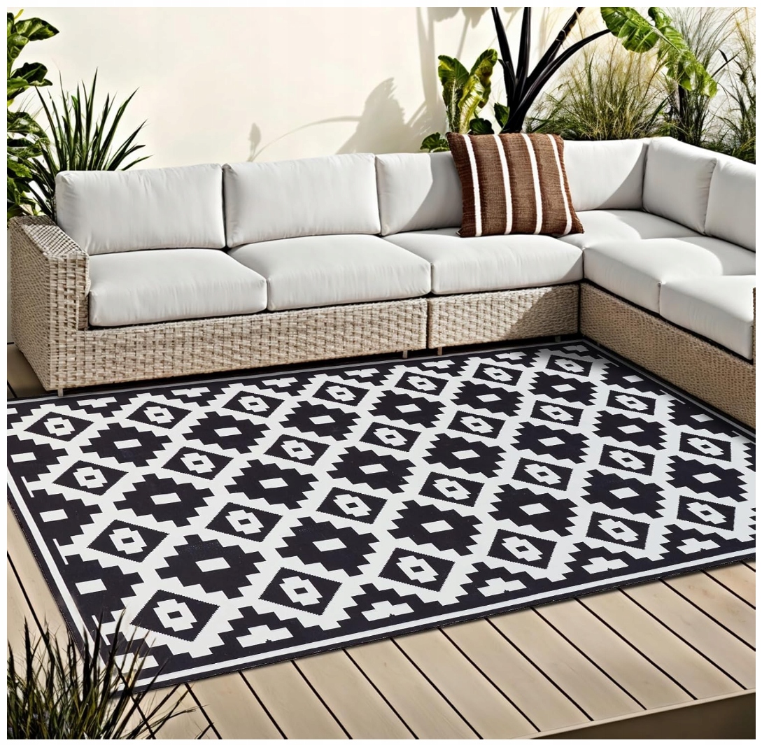 Koberec na terasa balkon 150 cm x 240 cm, černobílý geometrický vzor