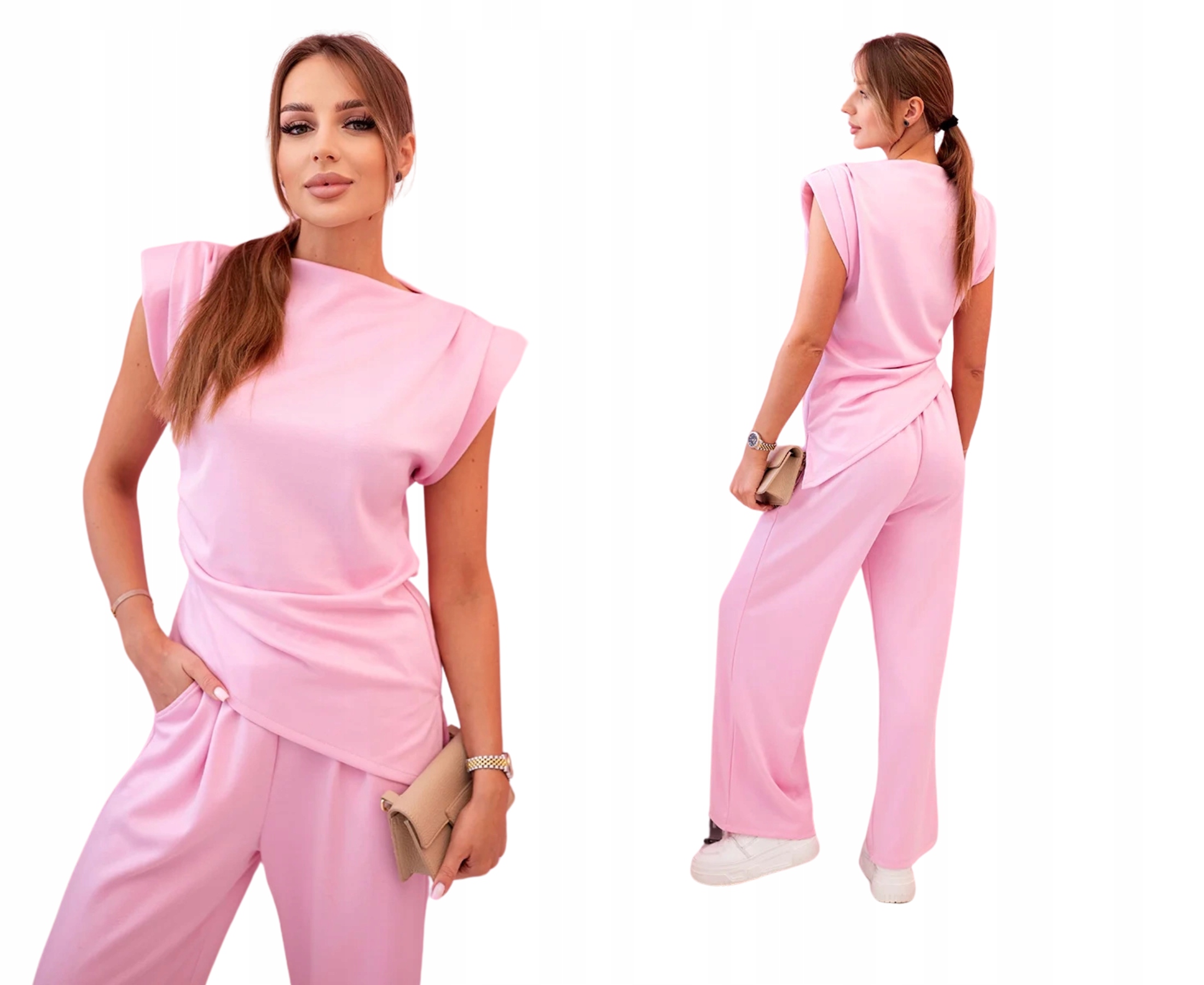 Cukrově růžová elegantní dámská souprava: asymetrická halenka kalhoty