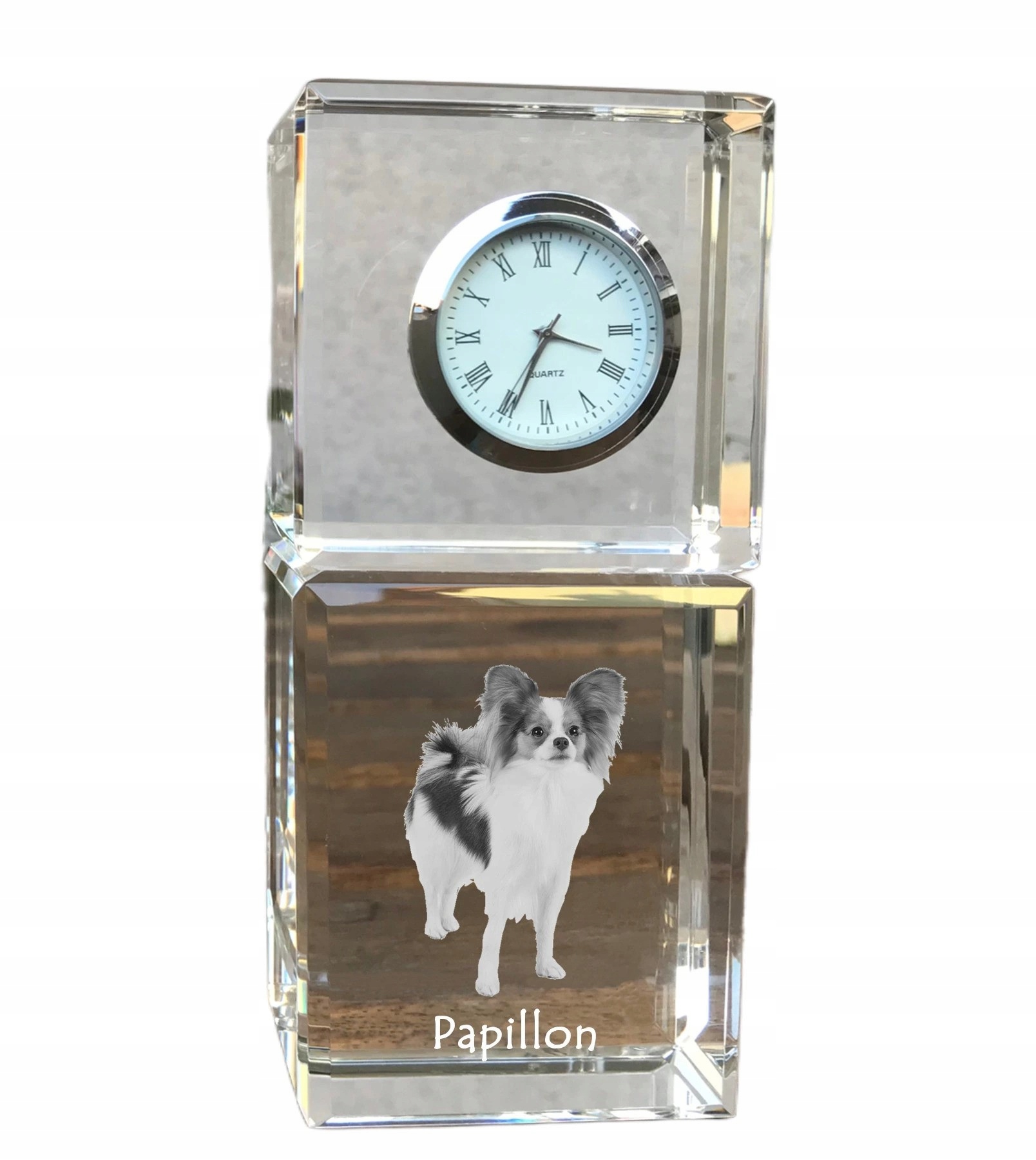 Papillon krištáľové stolové hodiny so psom, s vašou fotografiou, suvenír