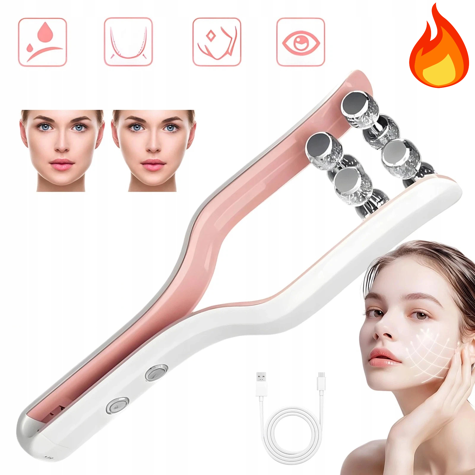 Facial Massager Ems masážní přístroj na bradu 3.7 V růžový, liftingové rozjasnění