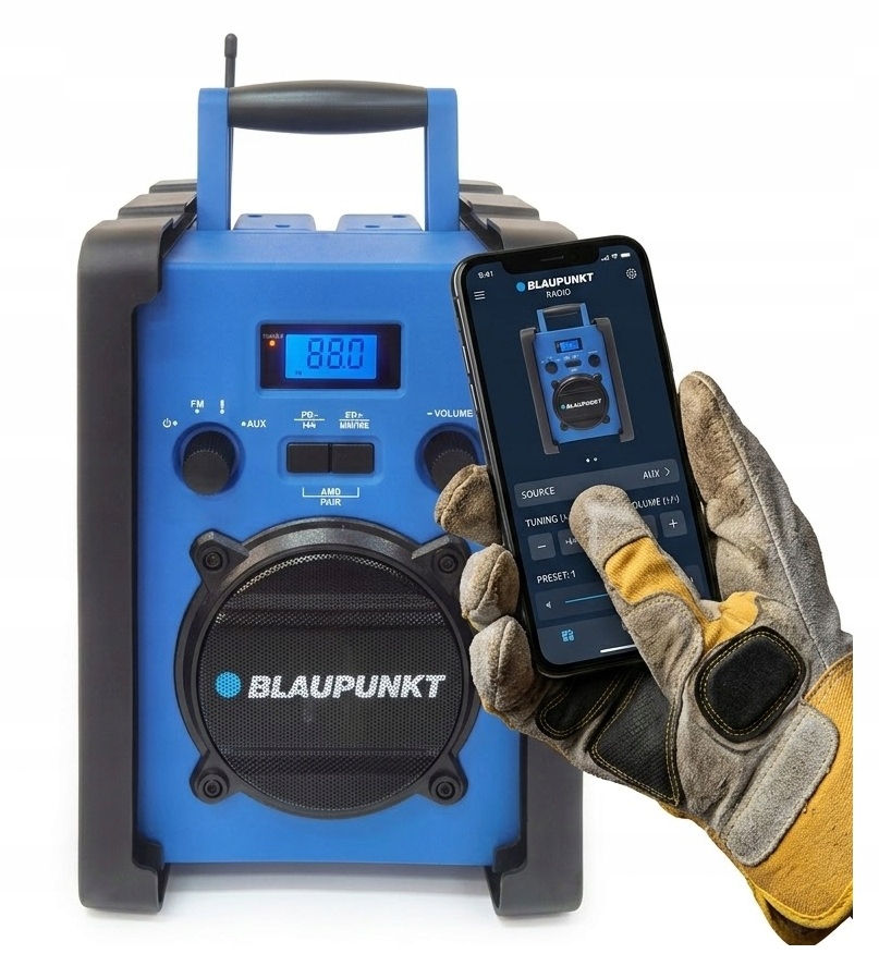 Stavební Rádio Blaupunkt Jobsite Bluetooth Aku 2200 mAh Fm Aux LCD displej