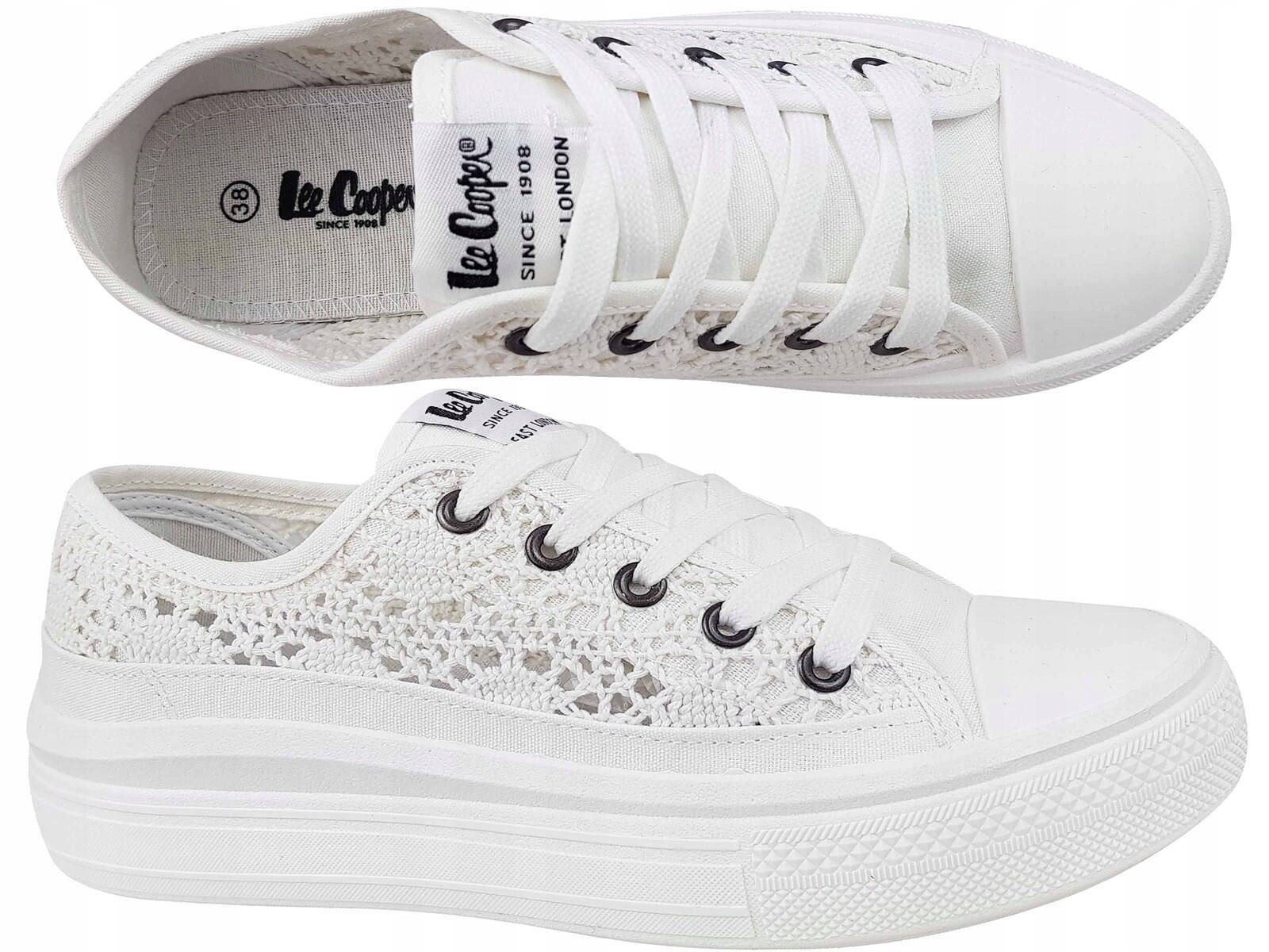LEE COOPER BUTY KORONKOWE AŻUROWE TRAMPKI BIAŁE GRUBA PODESZWA PLATFORMA