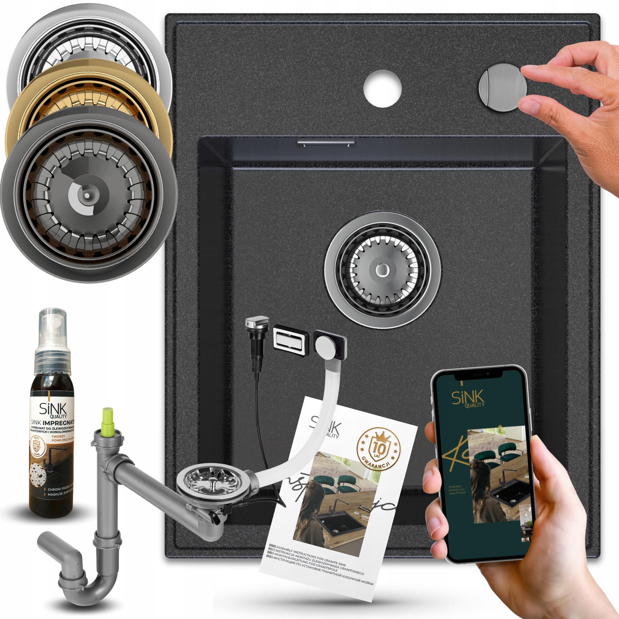dřez Granitová Jednokoromová Grafit Kuchyň Automat Impregnat 7v1