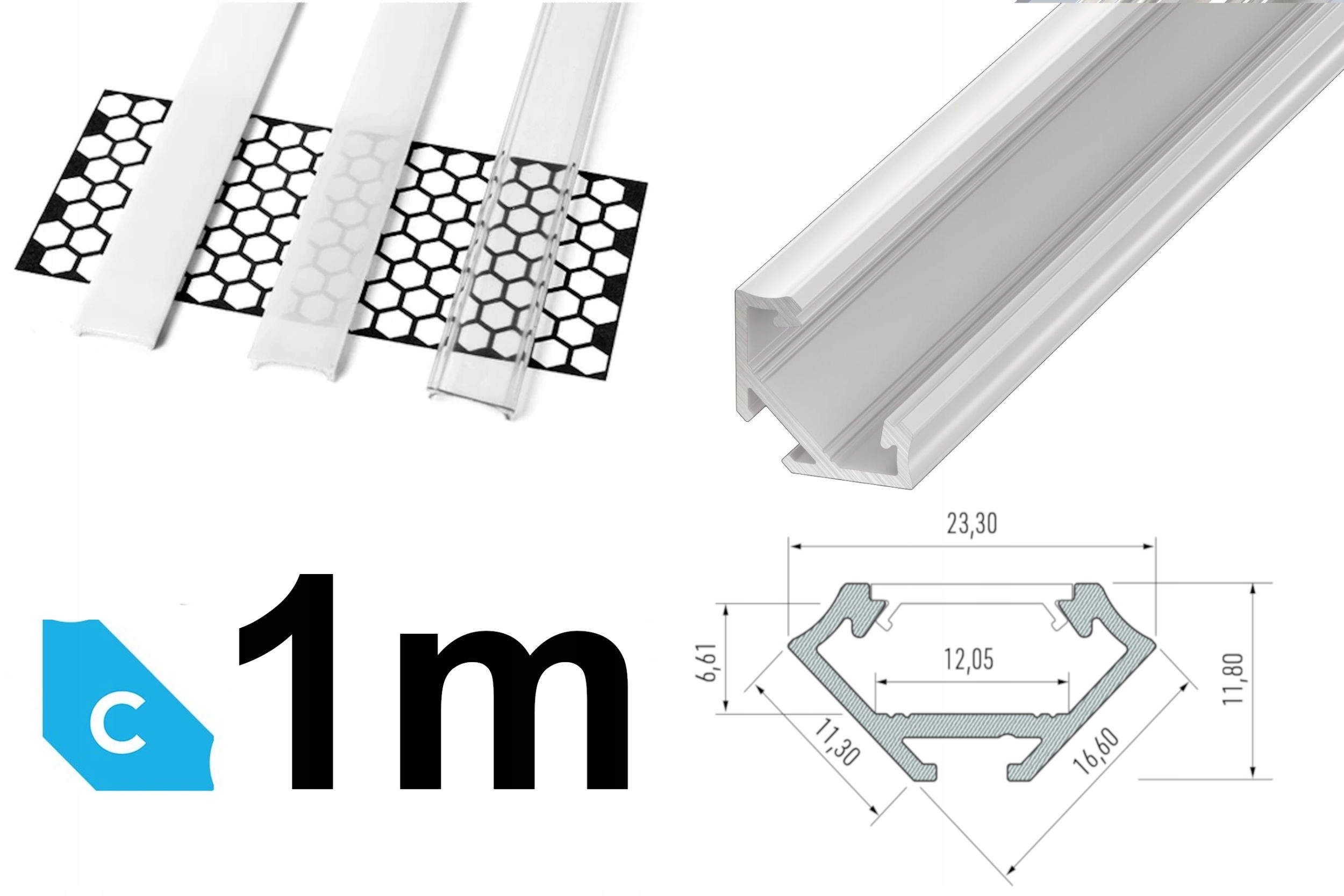 PROFIL LED kątowy narożny 45° C 1m + KLOSZ, BIAŁY