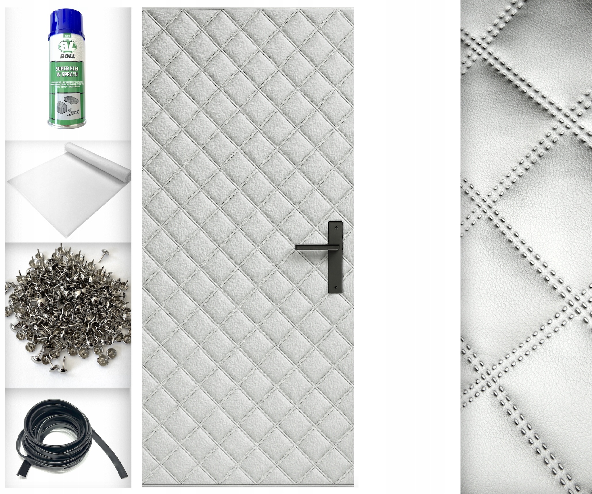 Stříbrná 115x215 Dveřní Čalounění Potah na dveře Prošívaný Příslušenství