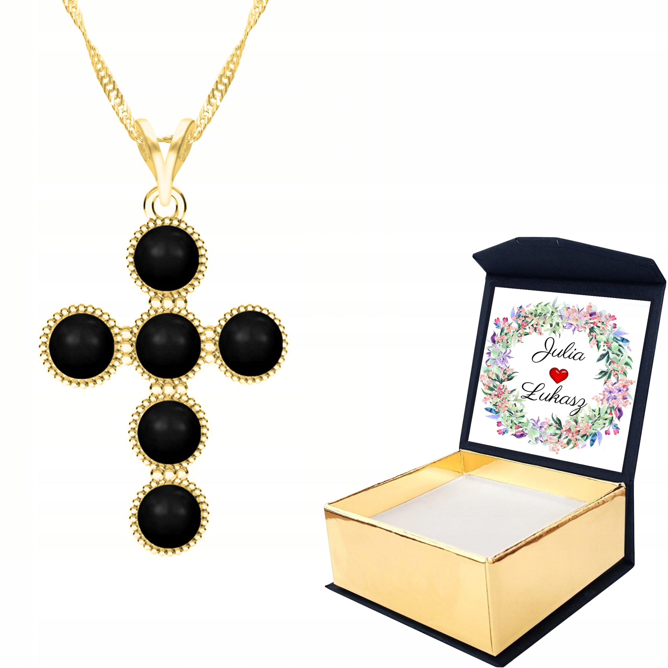 Zlatý náhrdelník Kříž s černou perlou Vlastní Potisk