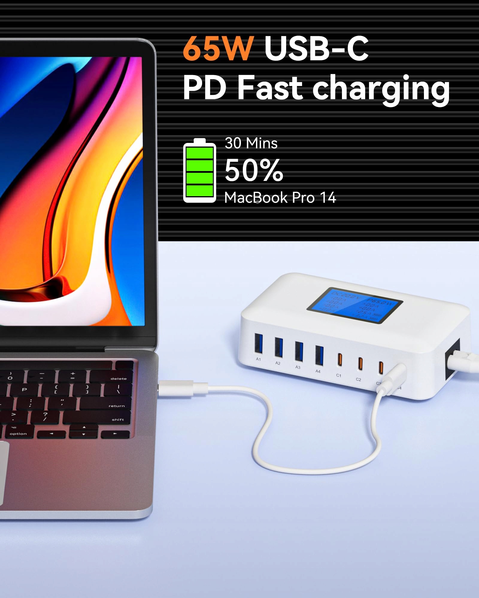Ładowarka USB C, 200 W, wielokrotna – 8-portowy zasilacz USB C — miniatura 4