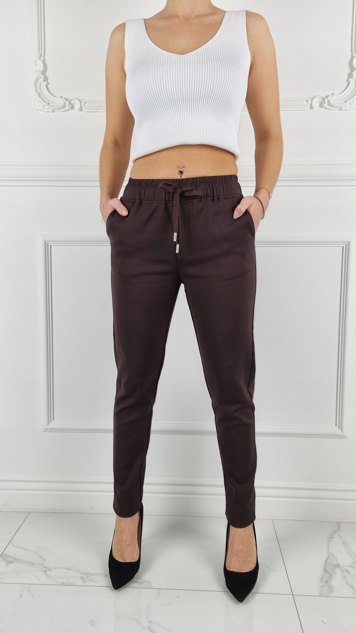 #DAMSKIE SPODNIE FREESIA - GUMKA DŁUGIE WIĄZANE # Odcień czekoladowy