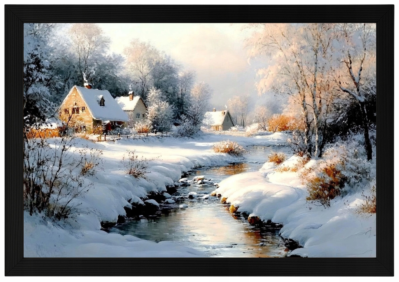Rámeček Krajina Plakát Sníh Vesnice Řeka Potok 60x40