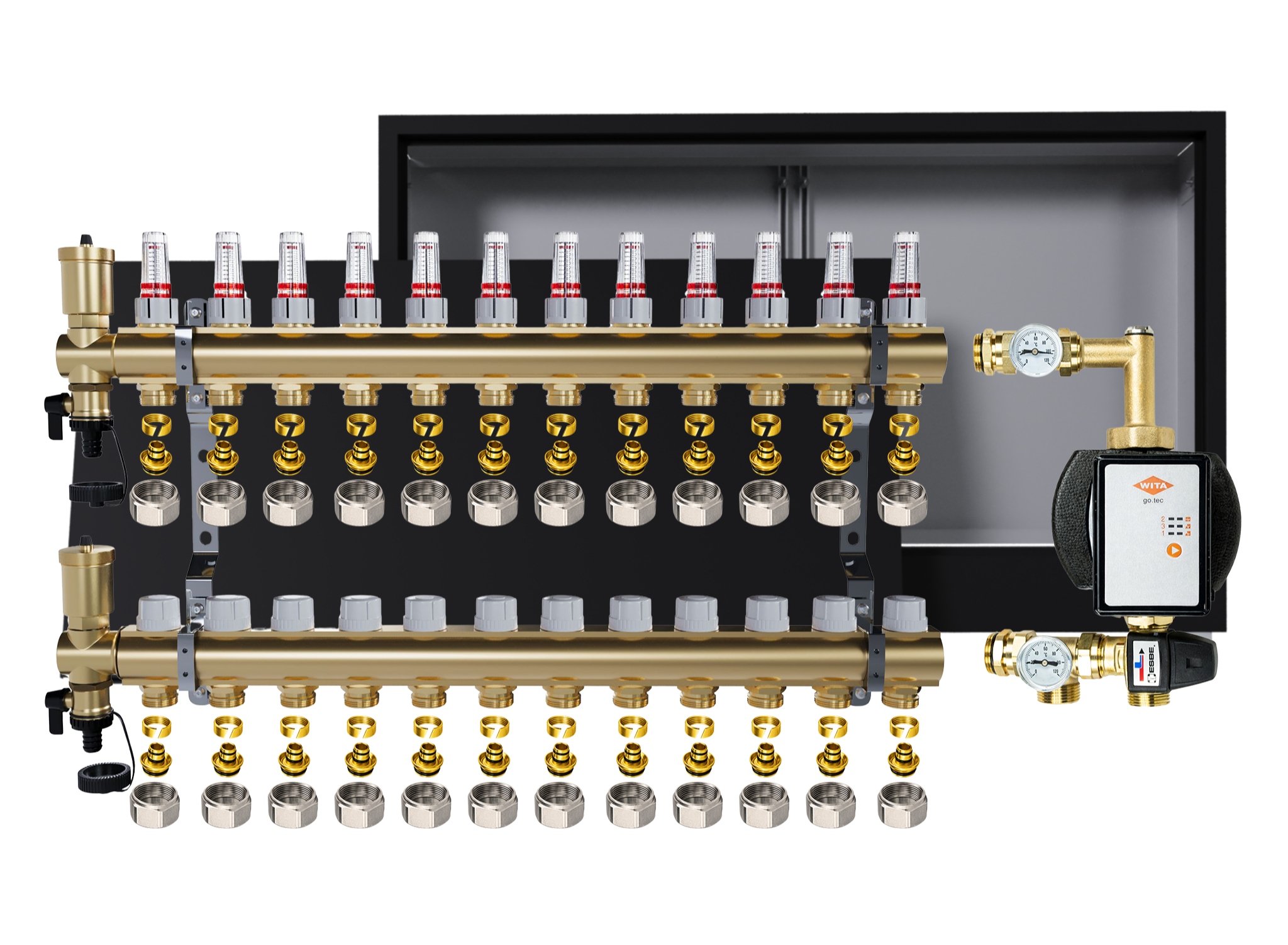 Rozdělovač pro podlahovku 12 okruhů s čerpadlem Wita podomítková skříňka +pex