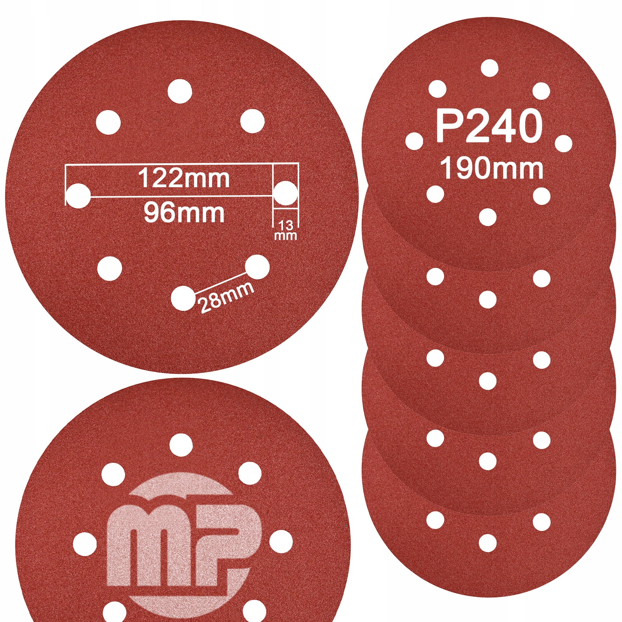 Papier Ścierny 190mm 8 otworów P240 szlifierki do gipsu krążek 5szt