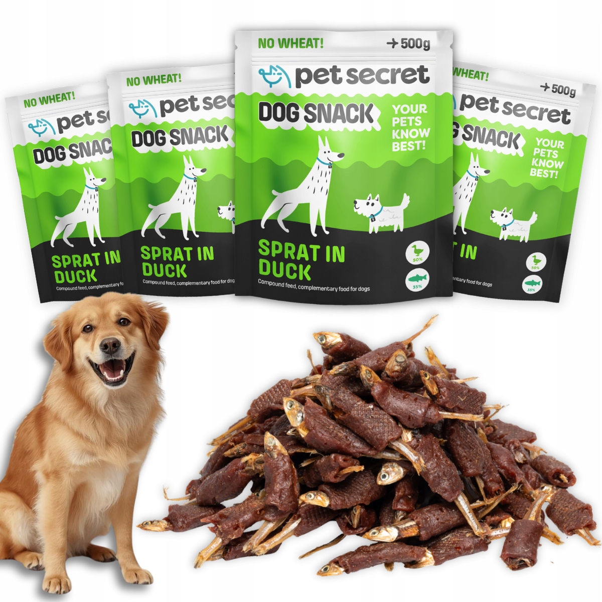 Pochoutky pro psa 4x500g Šprotky zabalené v kachním mase Bez obilovin Sušené