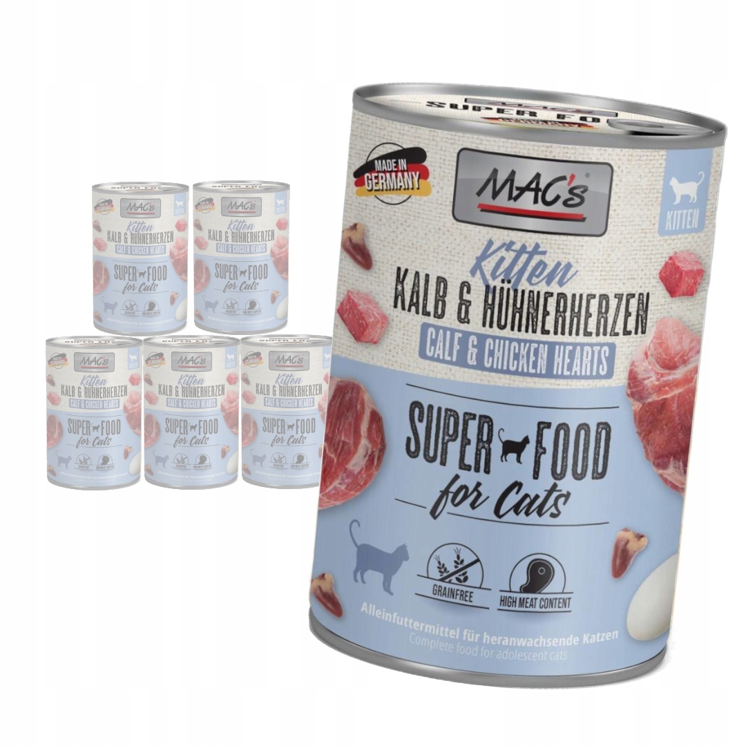Levně MAC's Kitten Vlhké Krmivo pro koťata Telecí srdce Drůbeží 6x400g