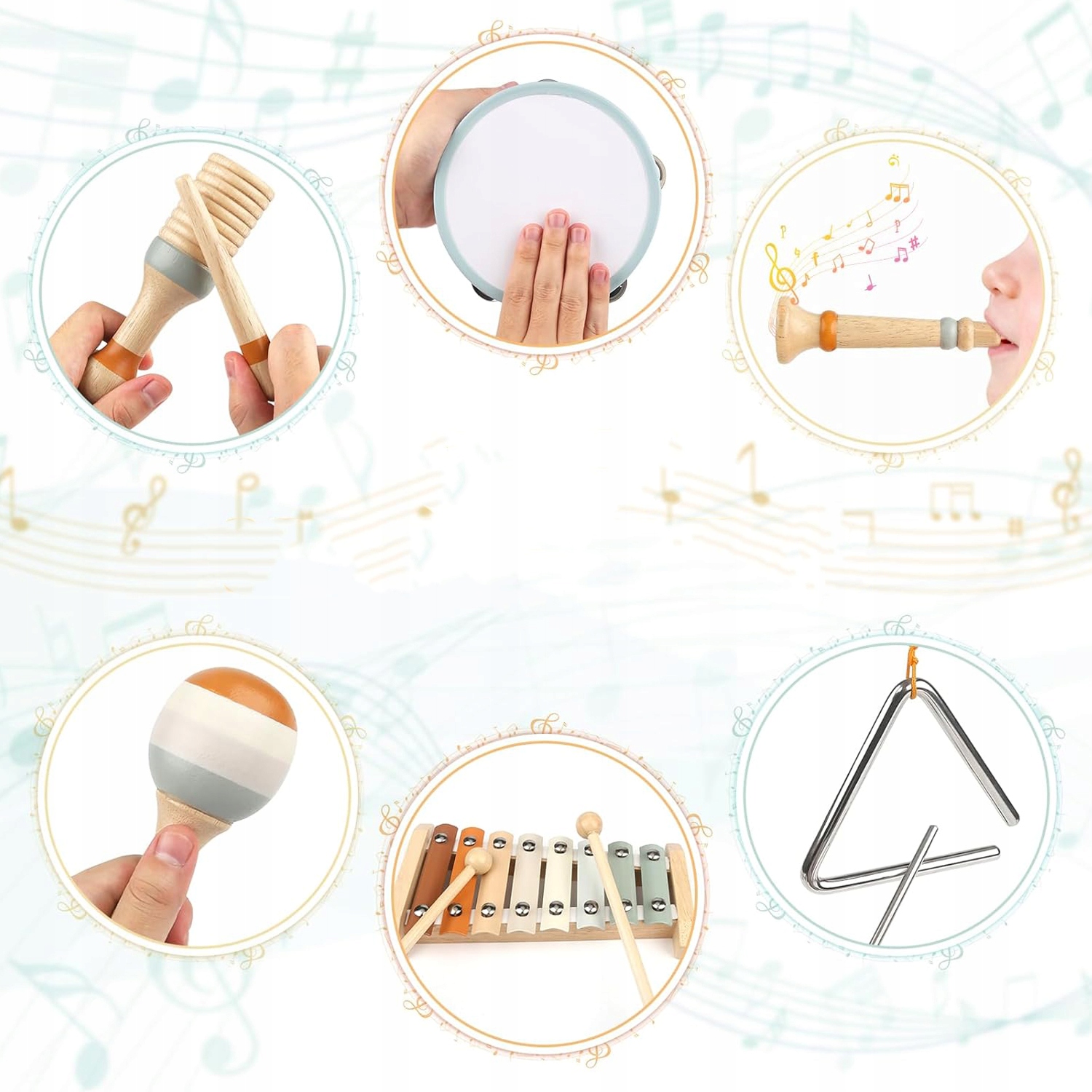 DREWNIANE INSTRUMENTY MUZYCZNE ZESTAW MONTESSORI DLA DZIECI BĘBENEK FLET Zawiera baterie nie