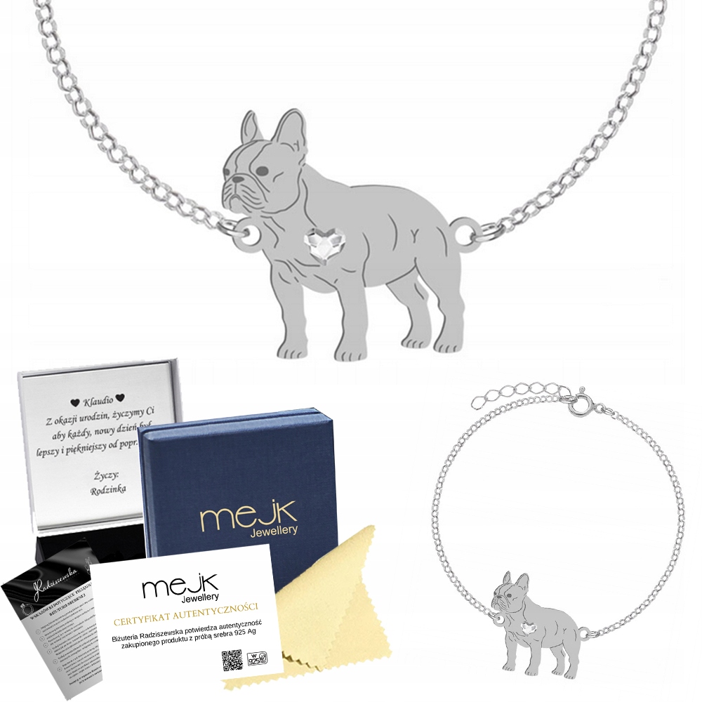 Stříbrný náramek se psem Francouzský Buldoček 925 Řetízek Šperky Gravírování