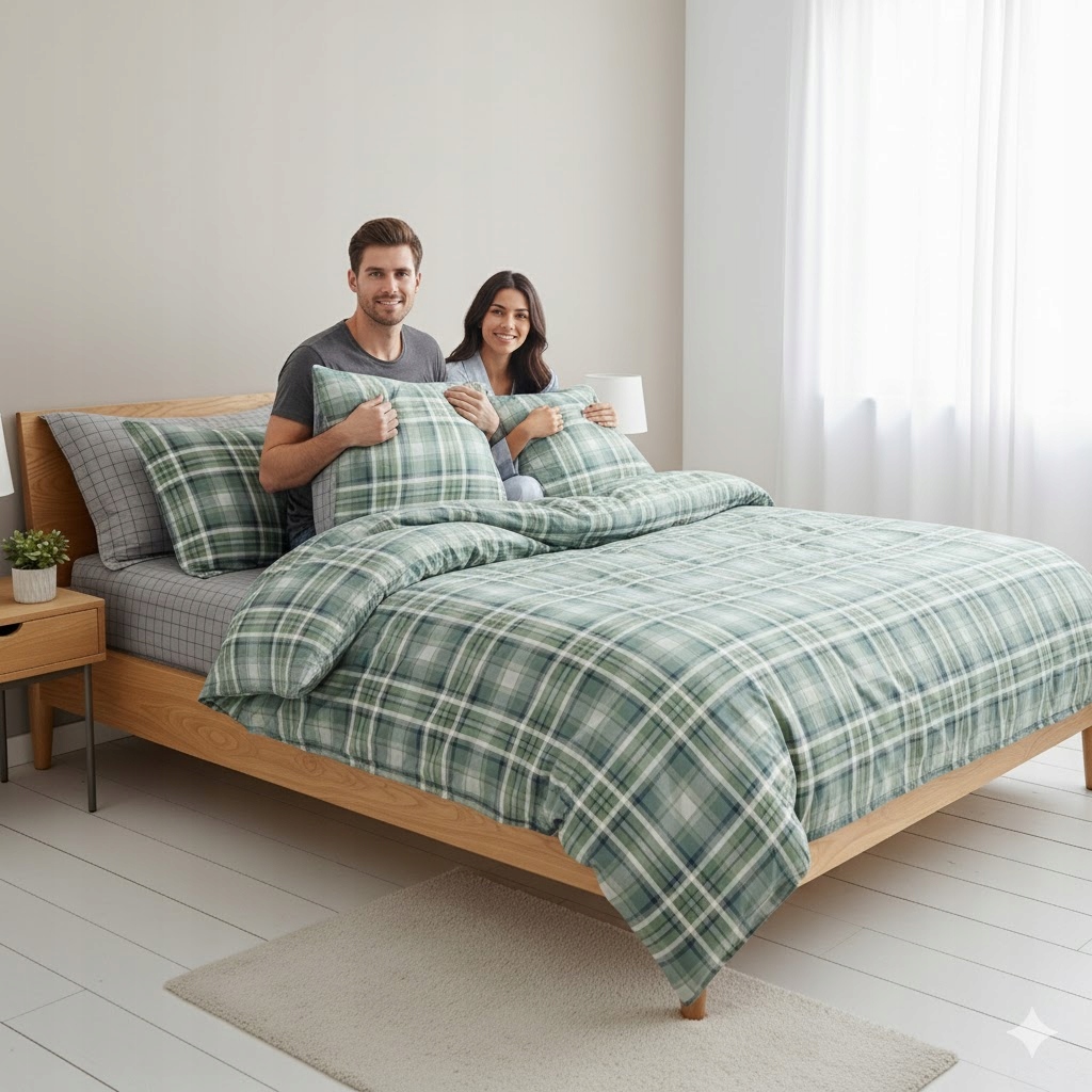 3dílná sada povlečení na peřinu v mátově modré kostce ze 100% bavlny do moderní ložnice 160x200 cm