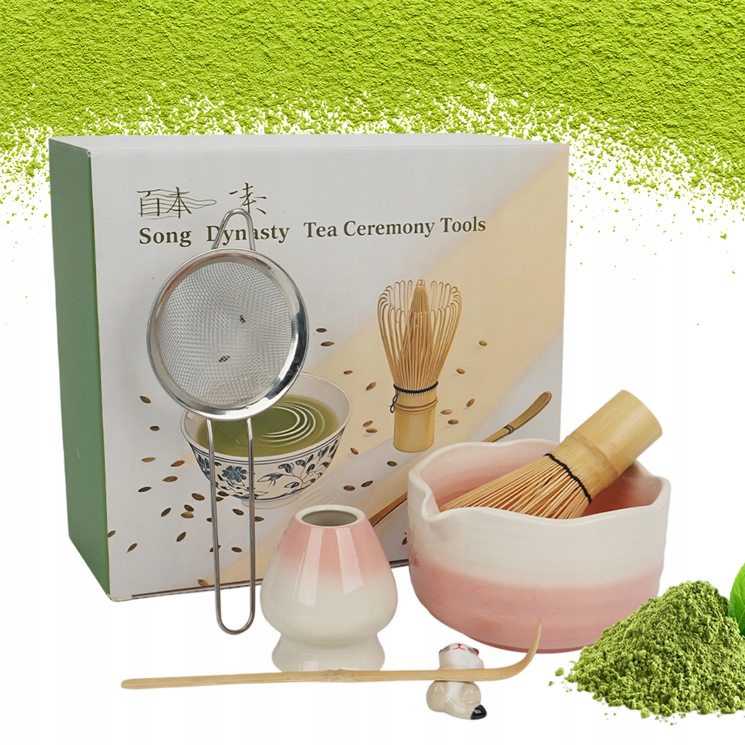 6 Zestaw Do Matchy Różowy Ceramiczny Z Podstawką Uchwytem W Kształcie Kota